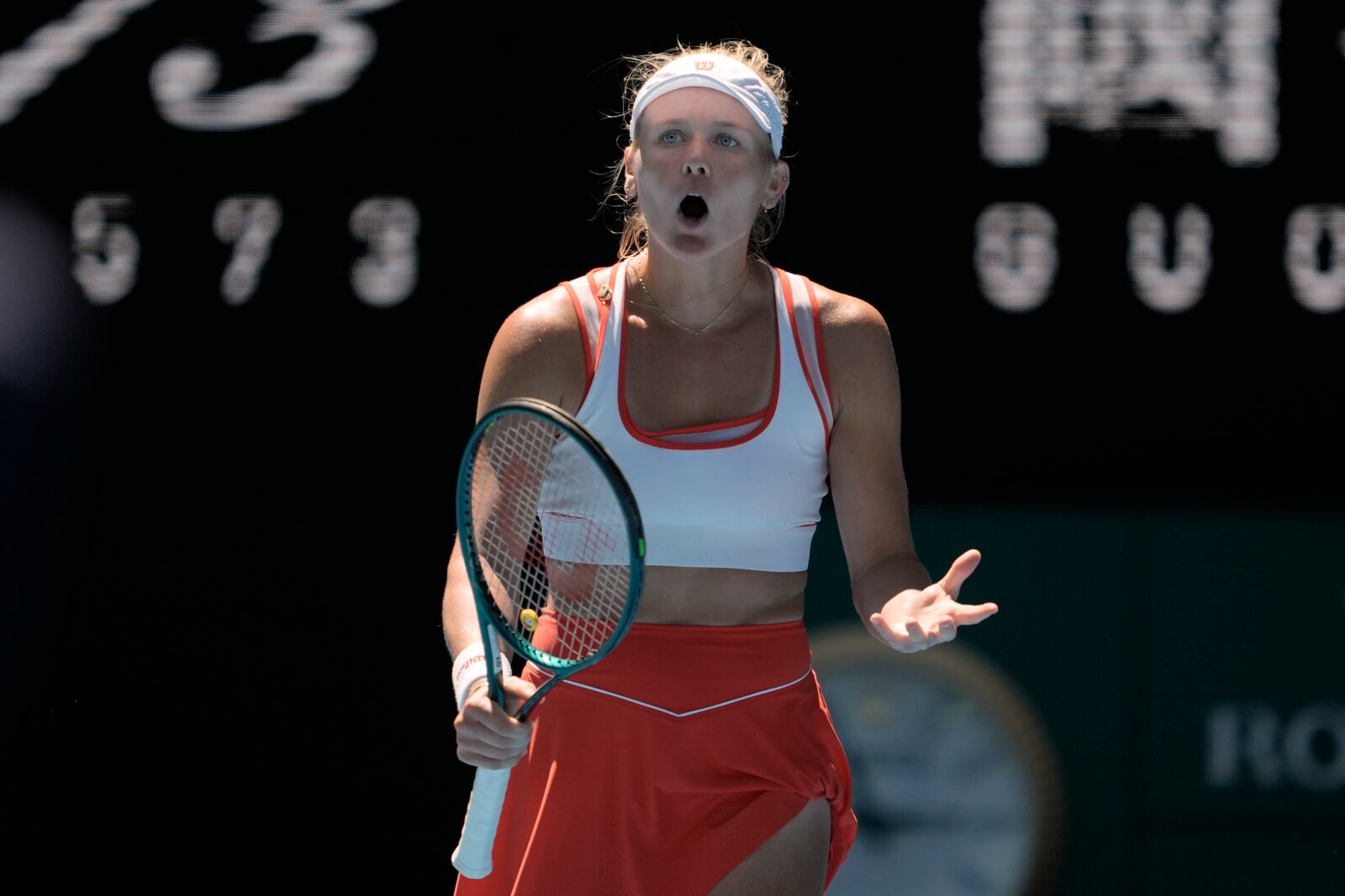 Peyton Stearns of the U.S. reacts during her first round match against Emma Navarro of the U.S. at the Australian Open tennis championship in Melbourne, Australia, Tuesday, Jan. 14, 2025. (AP Photo/Ng Han Guan)