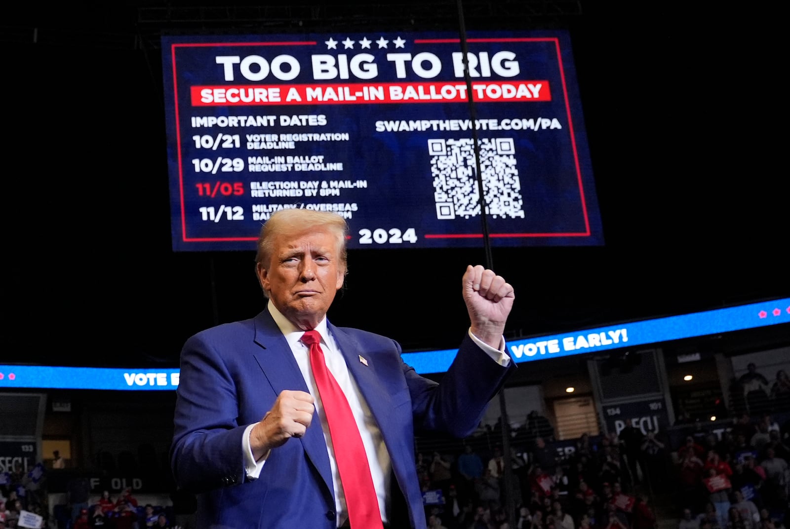 Republican presidential nominee former President Donald Trump dances at a campaign rally at the Bryce Jordan Center, Saturday, Oct. 26, 2024, in State College, Pa. (AP Photo/Alex Brandon)