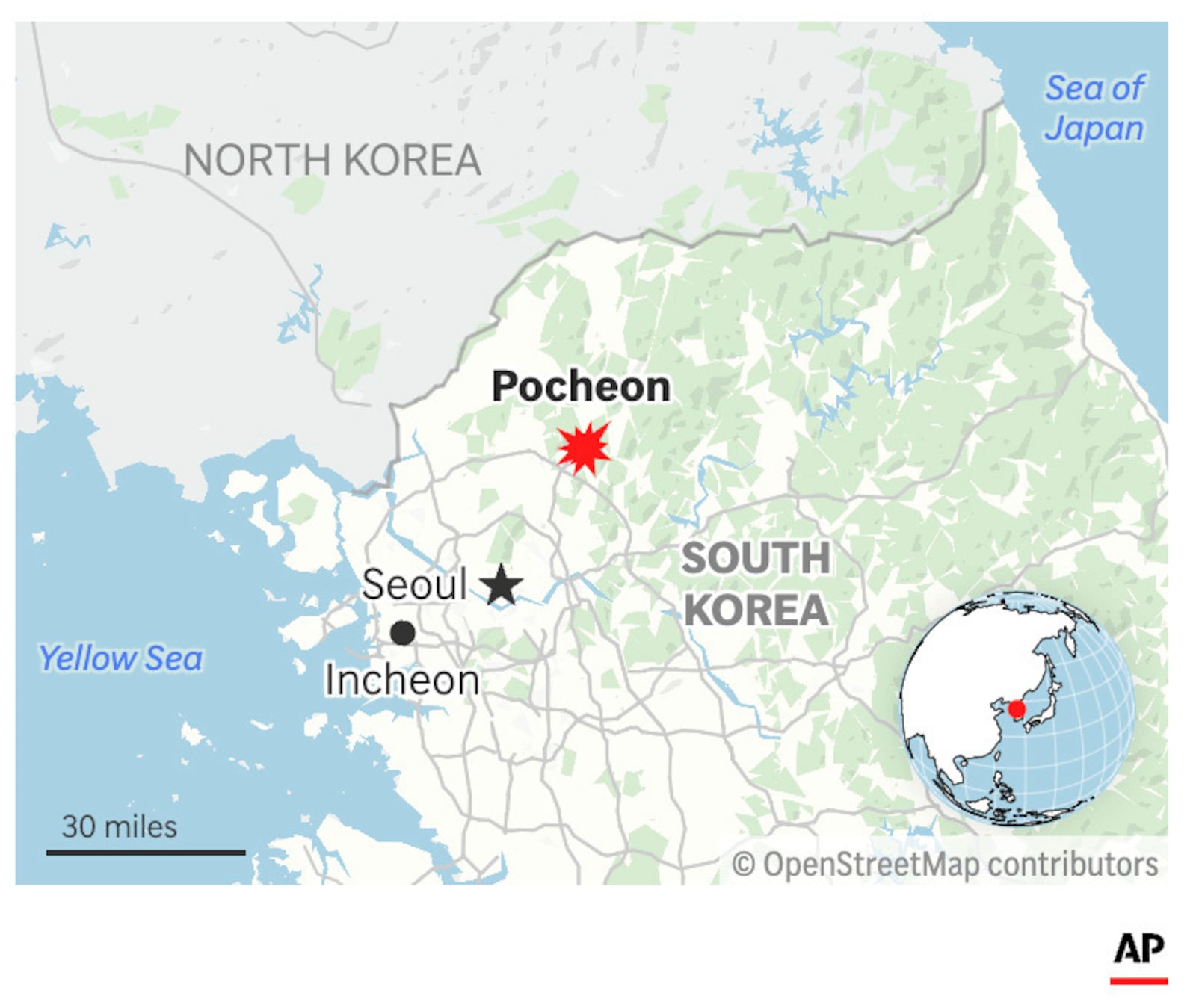 The map above locates the South Korean city of Pocheon where South Korean fighter jets have accidentally dropped eight bombs on a civilian area, injuring eight people on the ground. (AP Graphic)