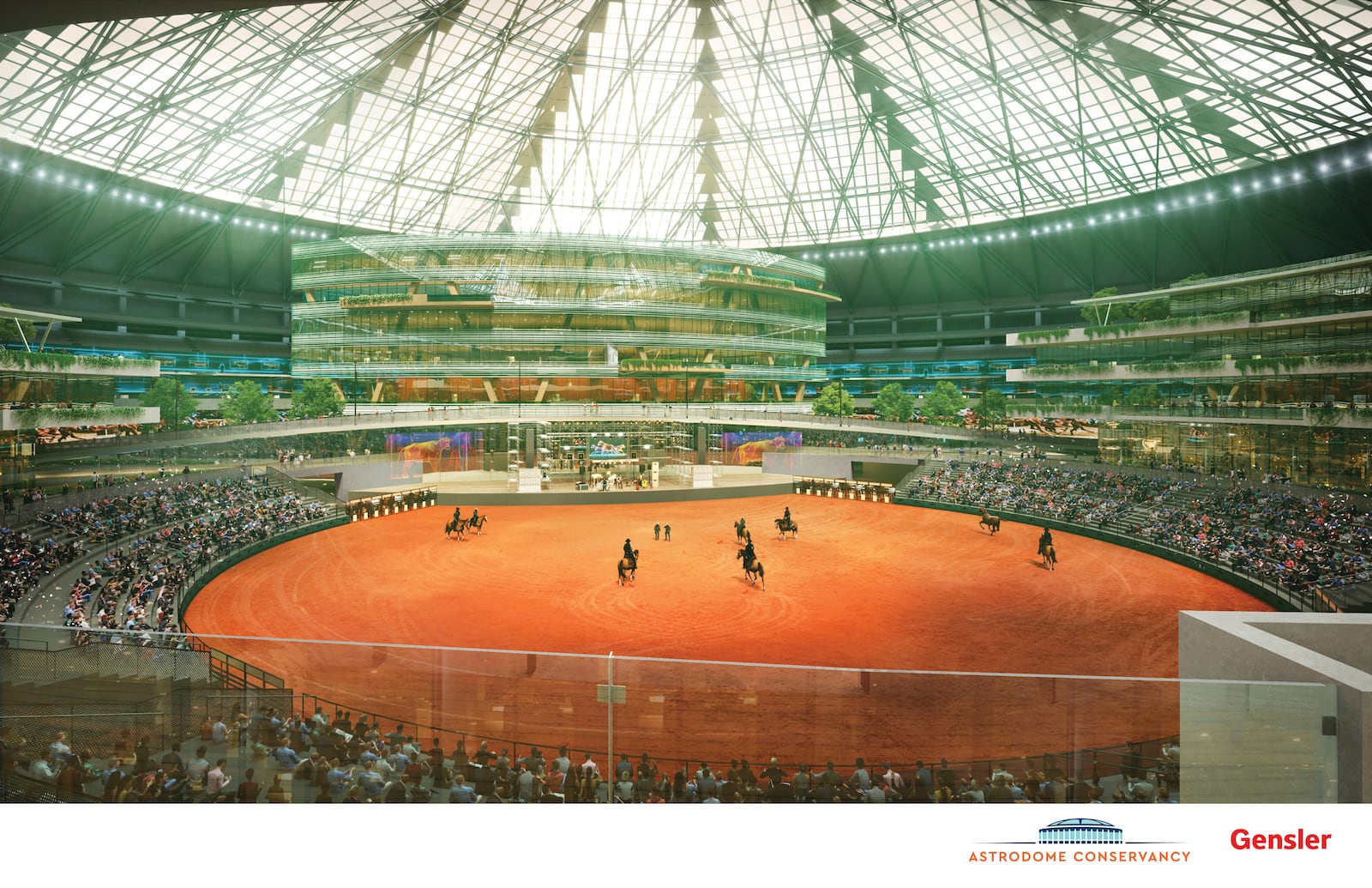 This artist rendering provided by Gensler Architects, shows some of the proposed mixed use spaces for renovations of the now dormant Astrodome unveiled during a press conference put on by the Astrodome Conservancy, Wednesday, Nov. 13, 2024, in Houston. (Gensler Architects via AP)