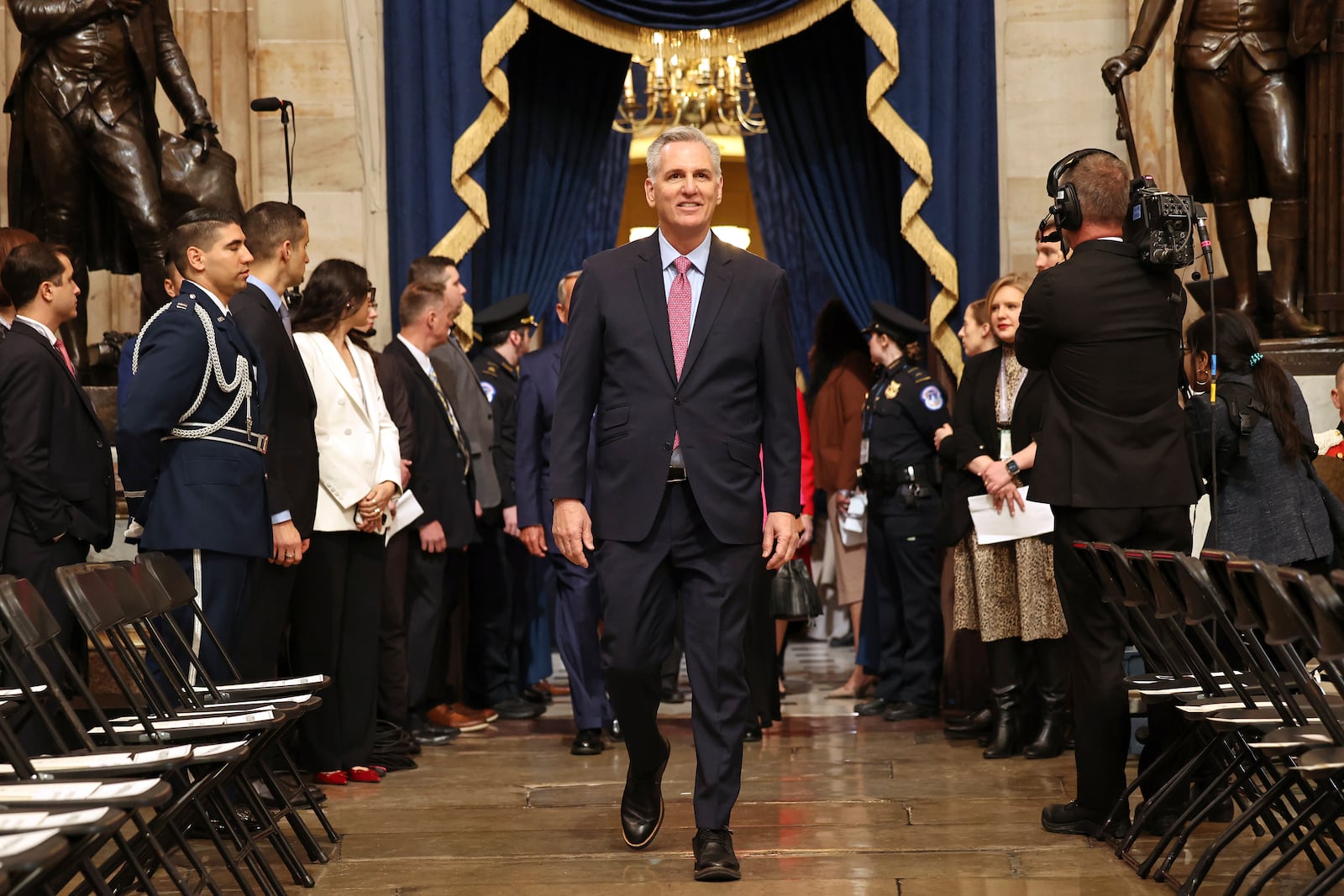 Former Speaker of the House Kevin McCarthy arrives before the 60th Presidential Inauguration in the Rotunda of the U.S. Capitol in Washington, Monday, Jan. 20, 2025. (Chip Somodevilla/Pool Photo via AP)