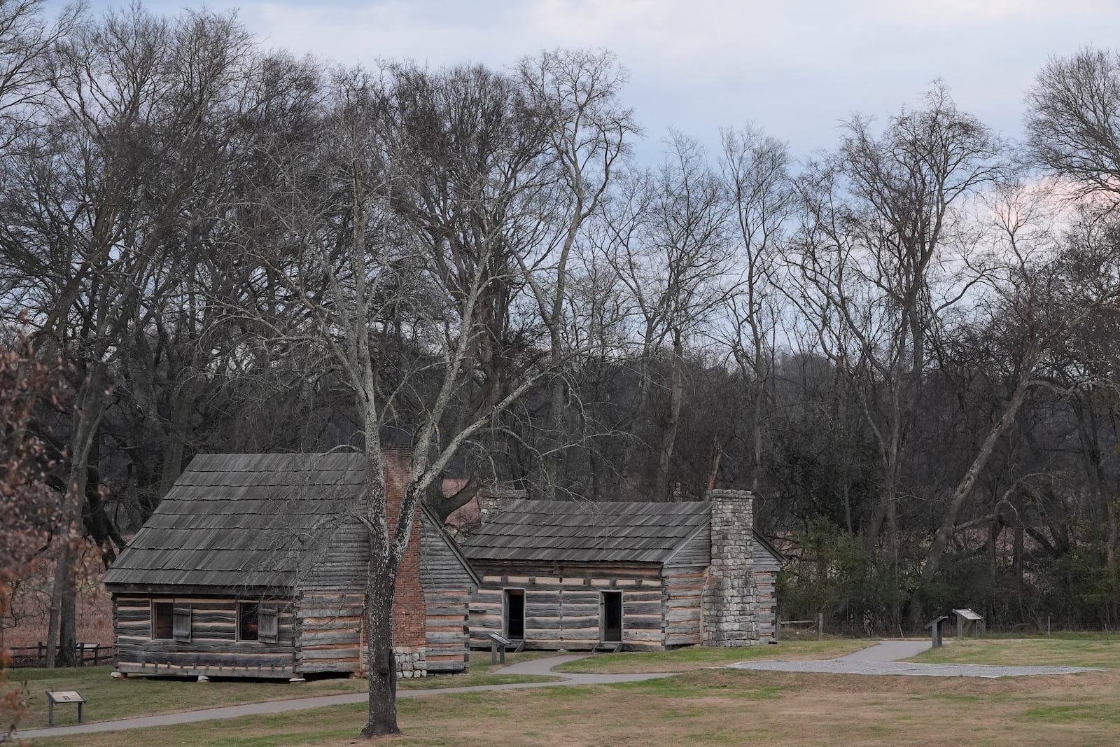 Cabins for enslaved people at The Hermitage, the home of former President Andrew Jackson, are seen Monday, Dec. 9, 2024, in Nashville, Tenn. A cemetery has been discovered on the property which was the burial site for dozens of enslaved people. (AP Photo/George Walker IV)