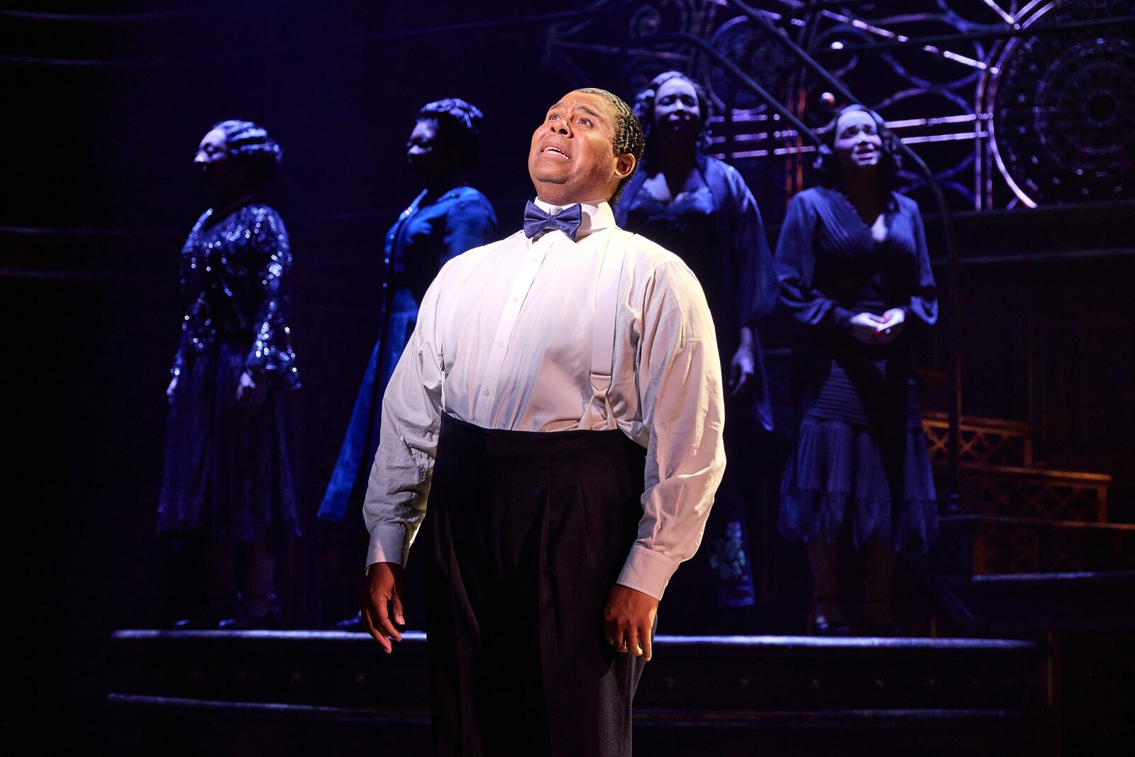 James Monroe Iglehart portrays Louis Armstrong during a performance in "A Wonderful World: The Louis Armstrong Musical" in New York. (Jeremy Daniel via AP)