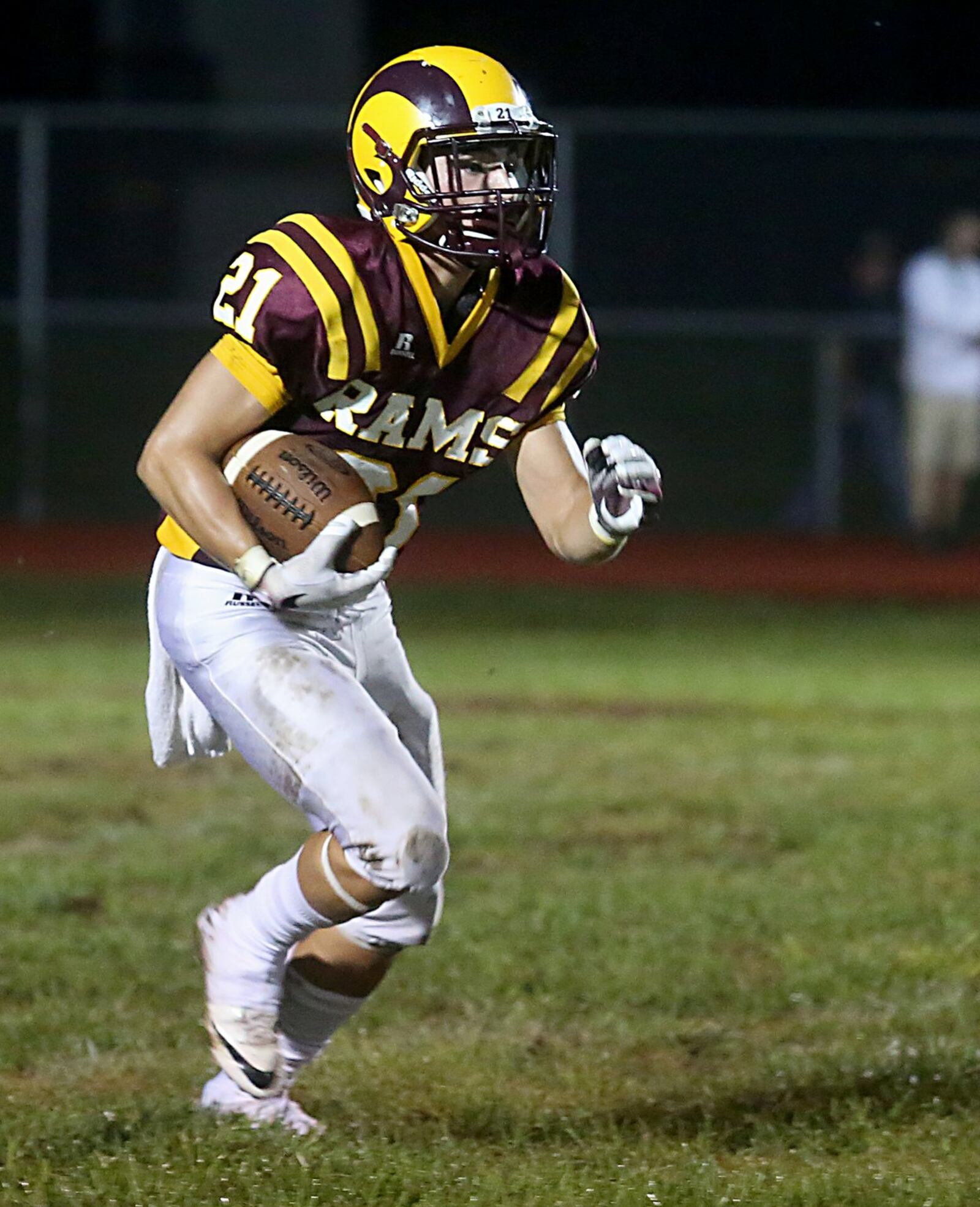 Jacob Brewer of Ross returns a kickoff against visiting Harrison on Sept. 16, 2016. The host Rams dropped a 42-7 decision. CONTRIBUTED PHOTO BY E.L. HUBBARD