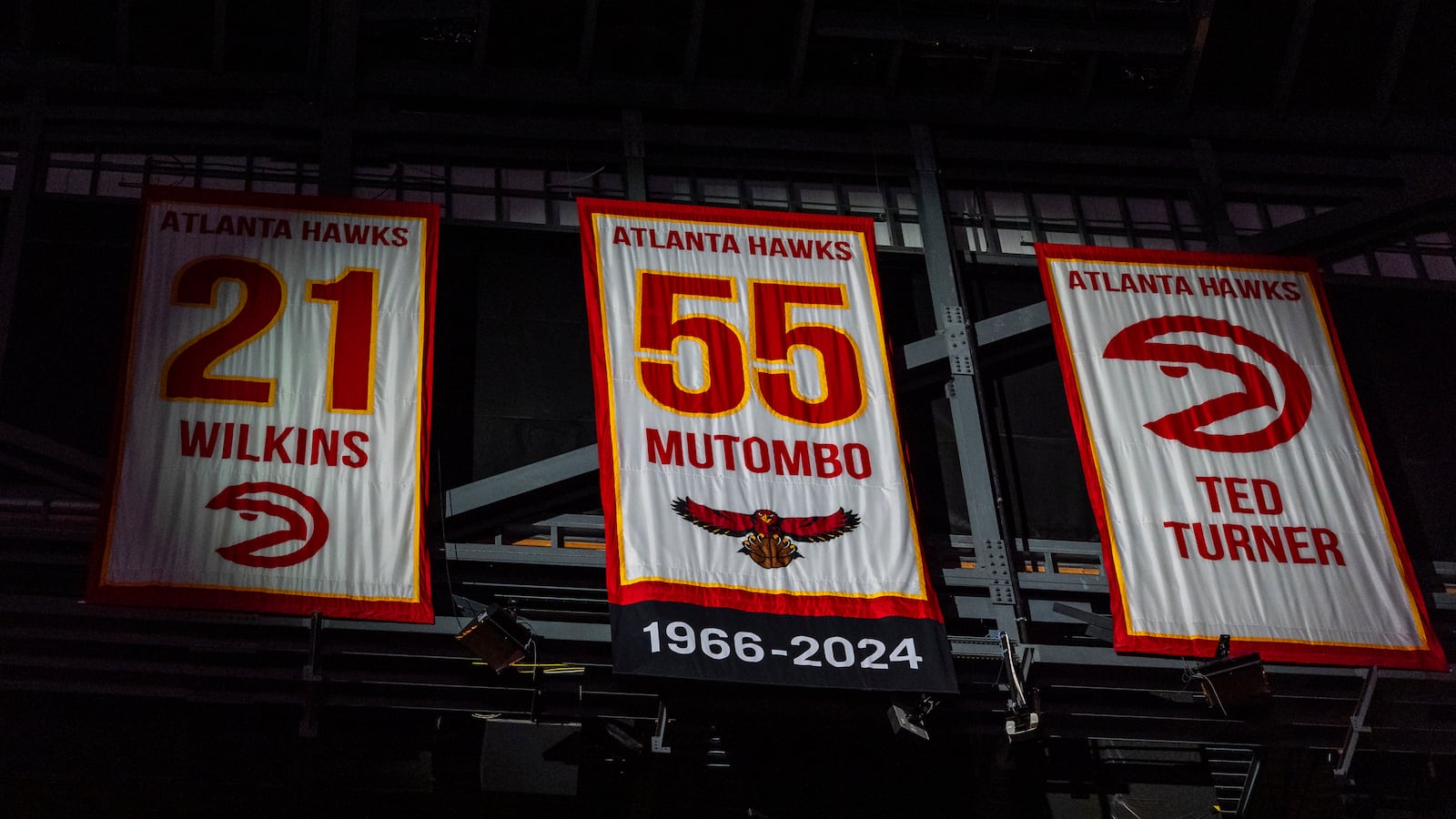 Atlanta Hawks Dikembe center Mutombo was honored during the first half of an NBA basketball game against the Brooklyn Nets, Wednesday, Oct. 23, 2024, in Atlanta. (AP Photo/Jason Allen)