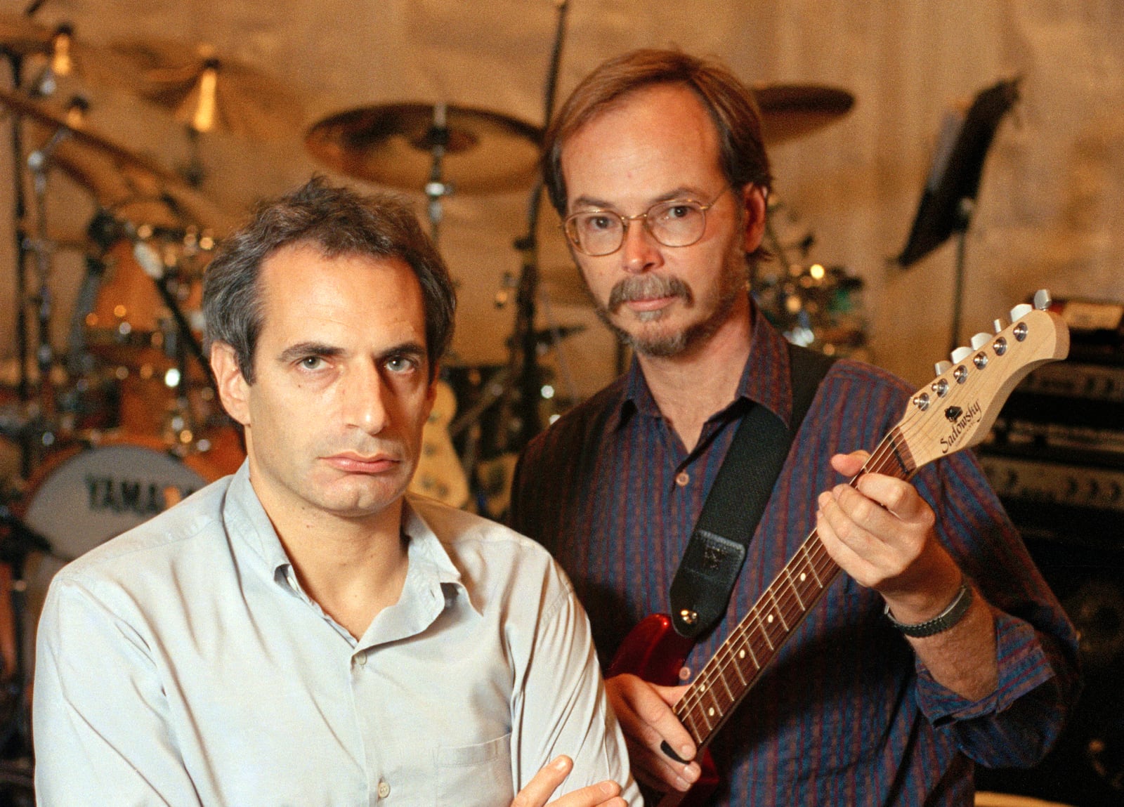 FILE - Donald Fagen, left, and Walter Becker of Steely Dan pose at New York's S.I.R. Studios on Aug. 5, 1993, before a rehearsal for their upcoming tour. Becker died in 2017. (AP Photo/Richard Drew, File)