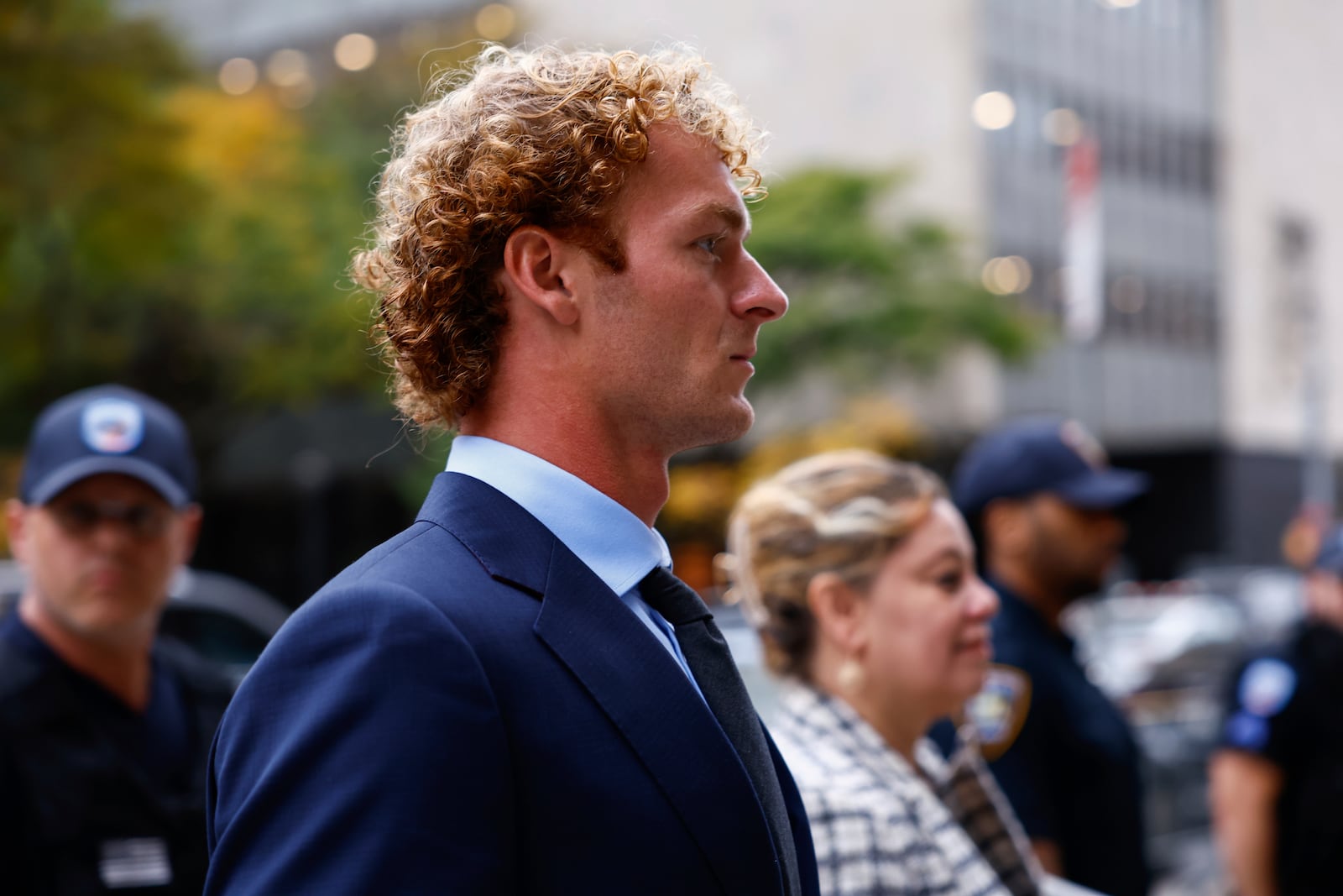 Daniel Penny, accused of choking a distressed Black subway rider to death, arrives for opening statements in New York, Friday, Nov. 1, 2024.(AP Photo/Kena Betancur)