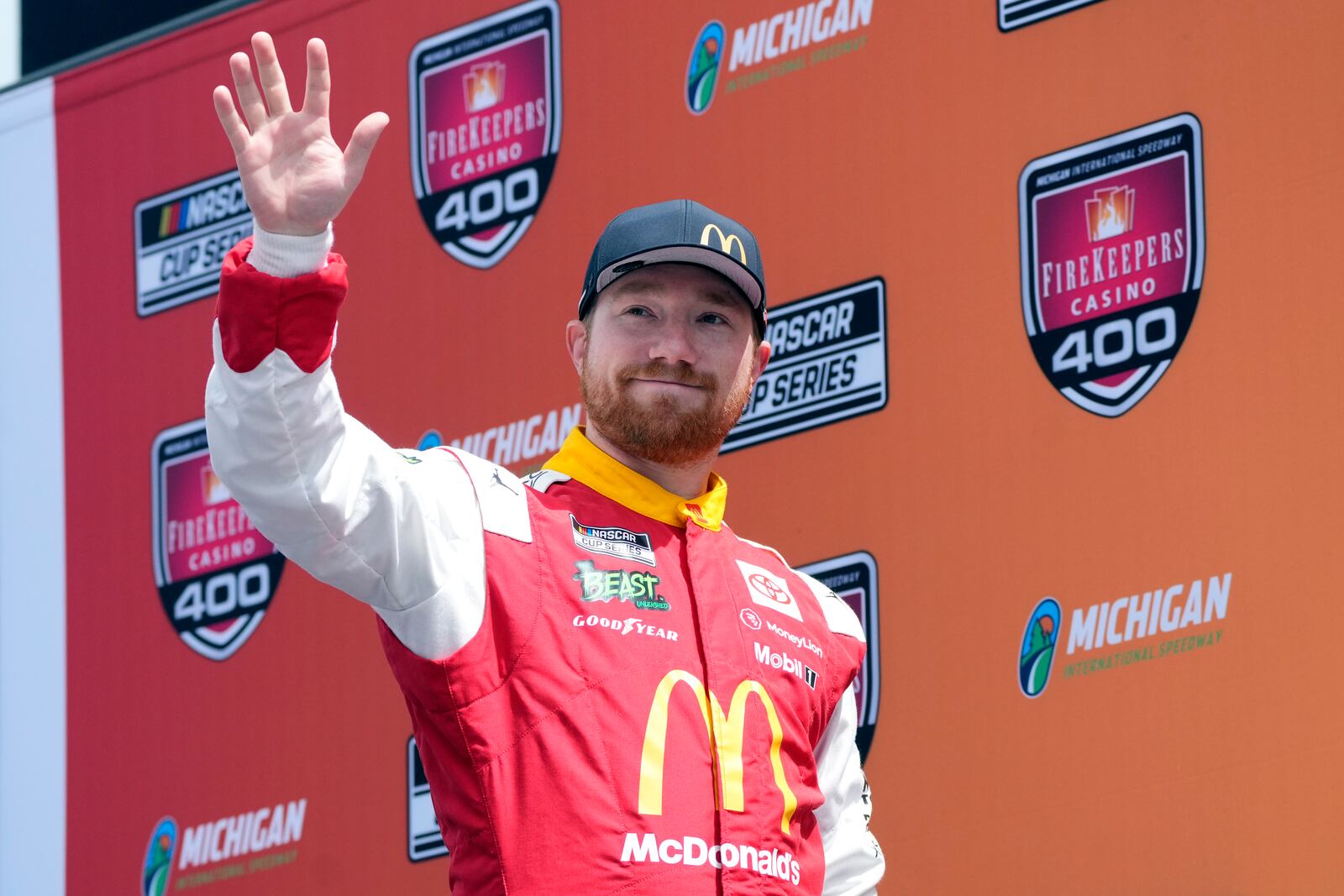 FILE - Tyler Reddick is introduced before a NASCAR Cup Series auto race at Michigan International Speedway, Aug. 18, 2024, in Brooklyn, Mich. (AP Photo/Carlos Osorio, File)