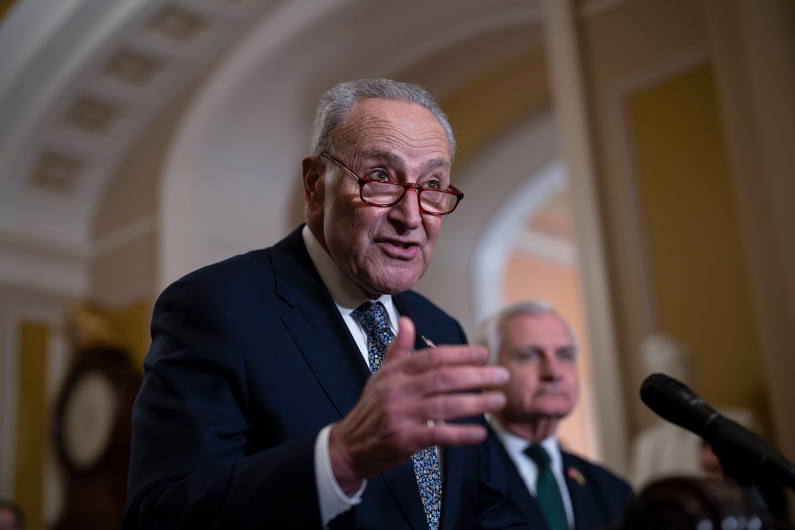 Senate Majority Leader Chuck Schumer, D-N.Y., speaks with reporters at the Capitol in Washington, Wednesday, Nov. 13, 2024. (AP Photo/J. Scott Applewhite)