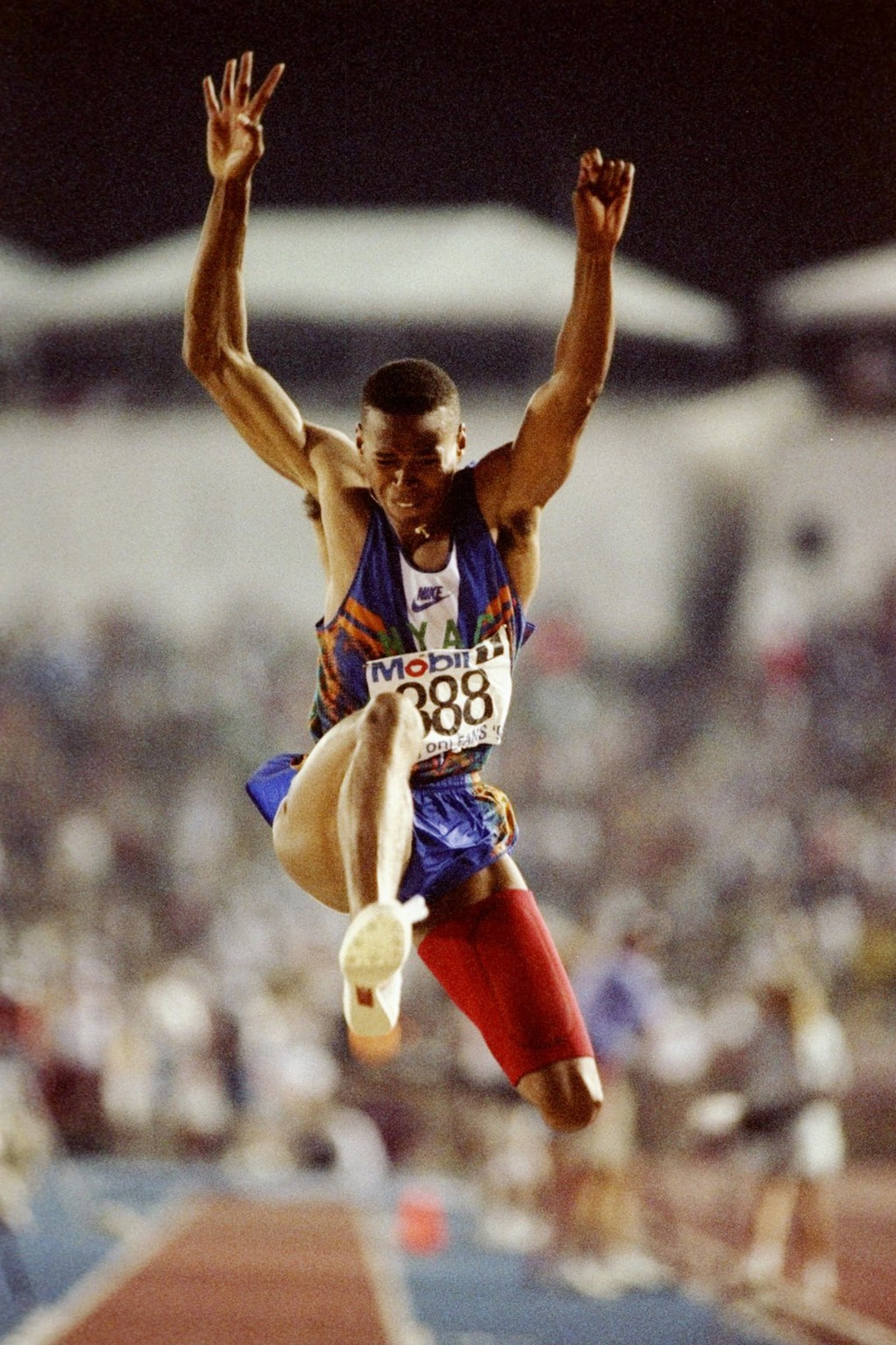 1992: Joe Greene jumps through the air during the US Olympic Trials. Mandatory Credit: Tony Duffy /Allsport