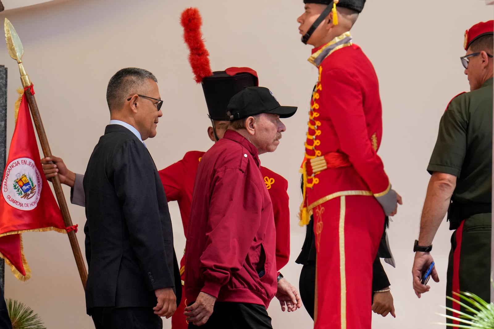 Nicaragua's President Daniel Ortega arrives for the inauguration ceremony of Venezuelan President Nicolas Maduro for a third term in Caracas, Venezuela, Friday, Jan. 10, 2025. (AP Photo/Ariana Cubillos)