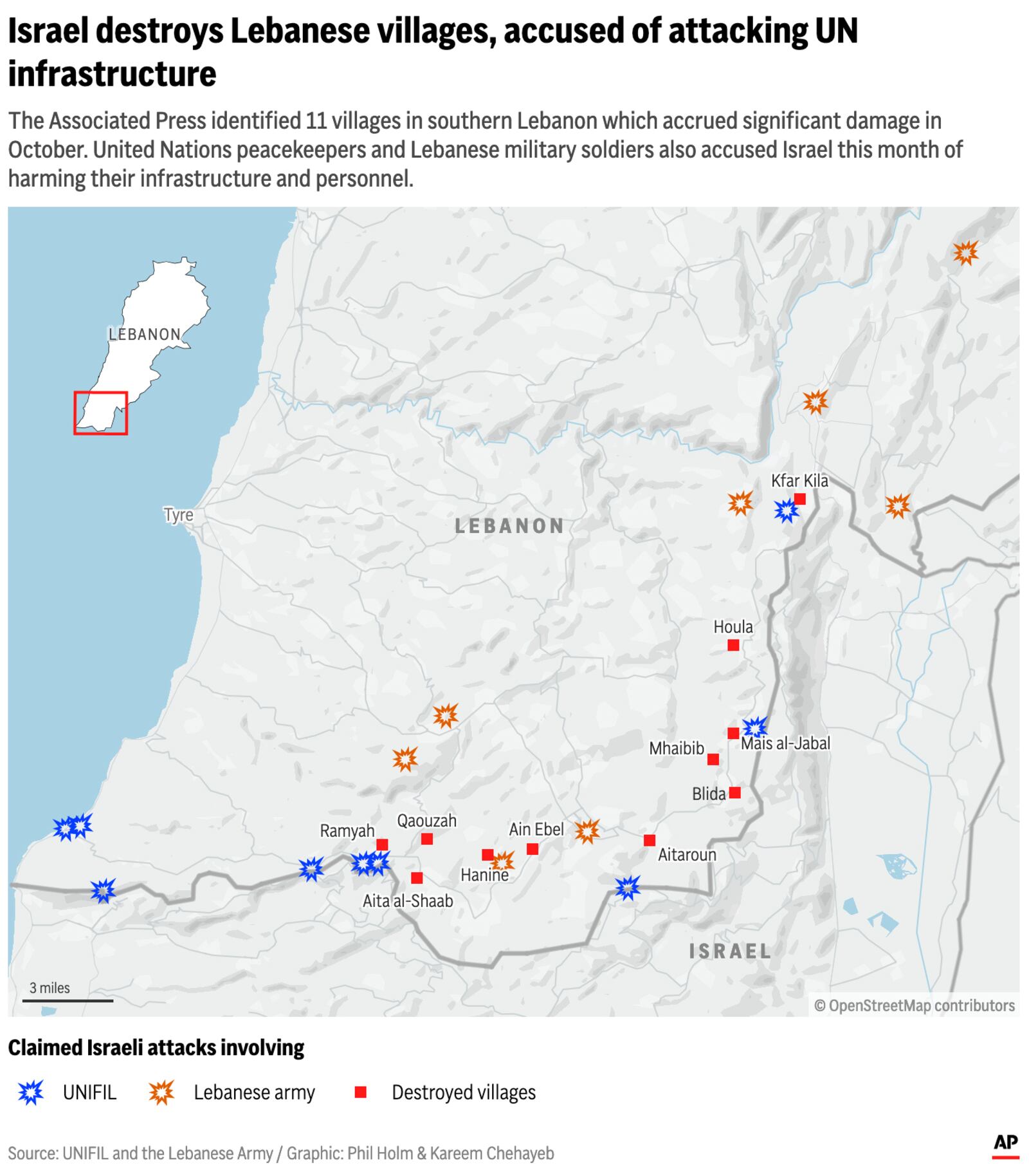 The map above displays where Israeli forces have fired on U.N. peacekeeping and Lebanese army forces and 11 villages that have been recently destroyed. (AP Digital Embed)