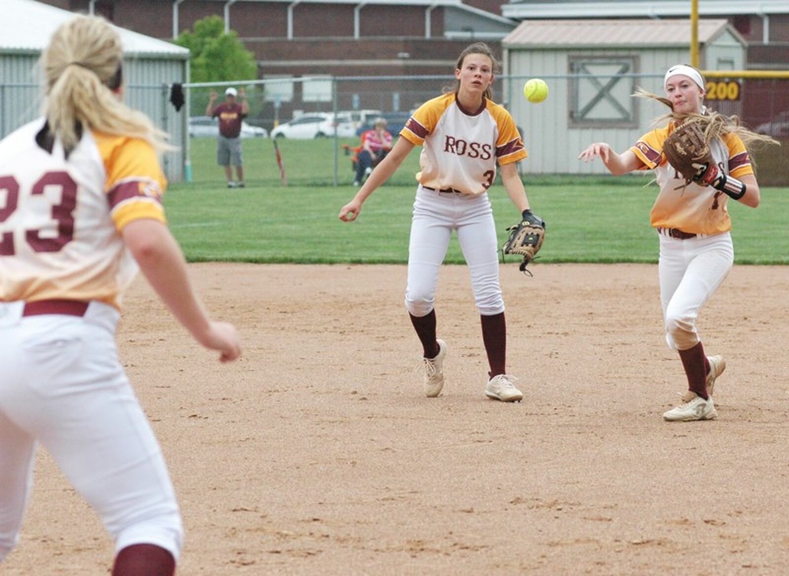 Ross second baseman Ashley Shelton (11) makes a throw to first baseman Bailee Gunnell (23) as pitcher Madison Minges (3) watches May 7 during a Division II sectional softball game against Wyoming in Ross Township. Ross won 17-4 in five innings. RICK CASSANO/STAFF