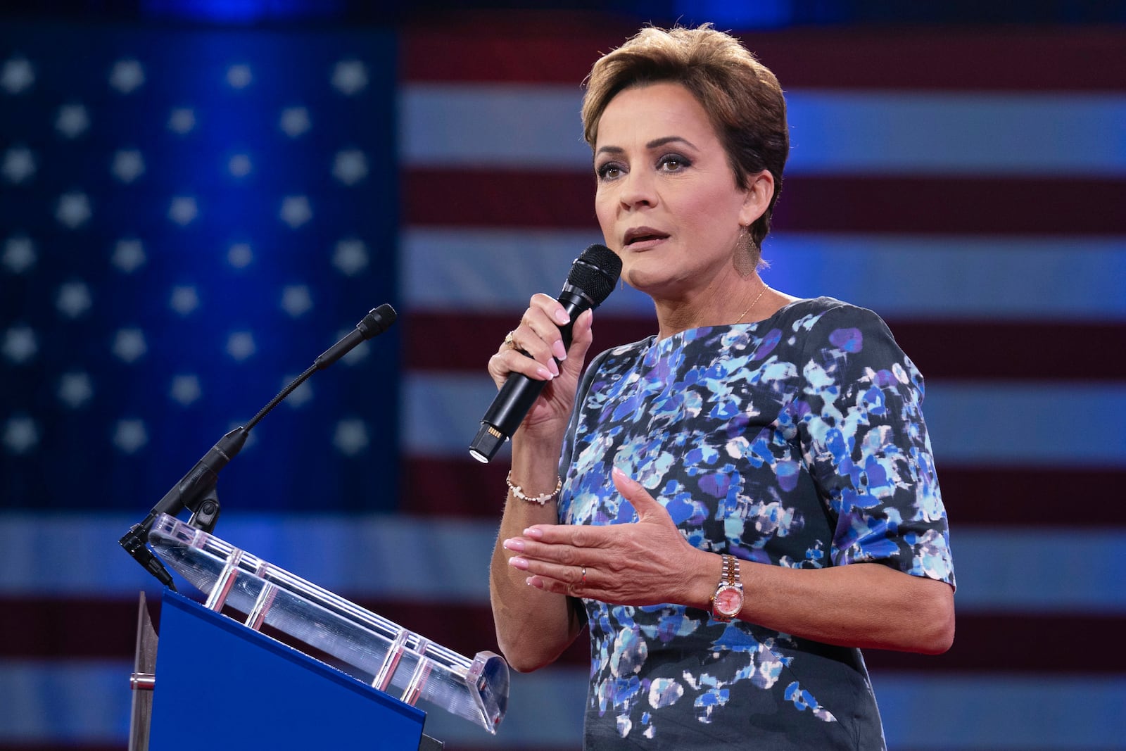 FILE - Kari Lake speaks at the Conservative Political Action Conference, CPAC, at the Gaylord National Resort & Convention Center, Friday, Feb. 21, 2025, in Oxon Hill, Md. (AP Photo/Jose Luis Magana, File)