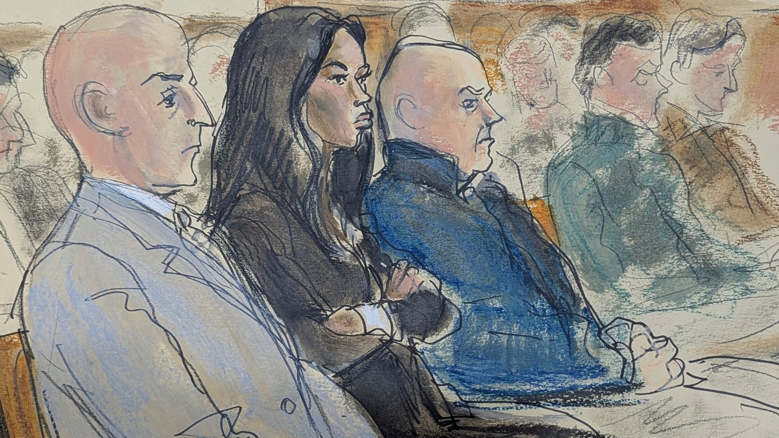 In this courtroom sketch, Rachel Eliza Griffiths, Salman Rushdie's wife, second left, is seated in the courtroom as her husband testifies, during the trial of Hadi Matar, in Chautauqua County court, in Mayville, N.Y., Tuesday, Feb. 11, 2025. (Elizabeth Williams via AP)