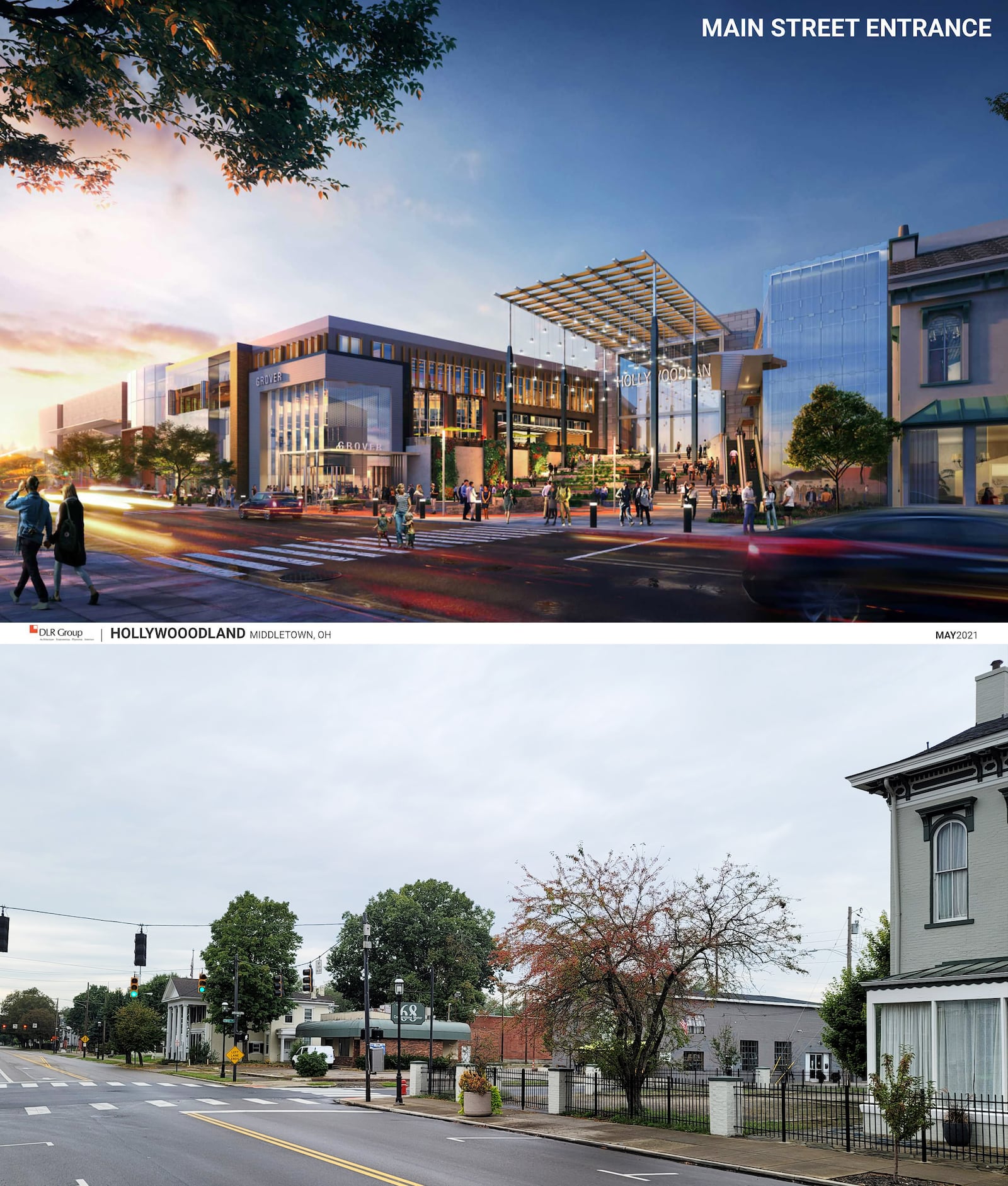 The front entrance to the proposed "Hollywoodland" development in Middletown shown with a view of what that space looks like today. NICK GRAHAM / STAFF