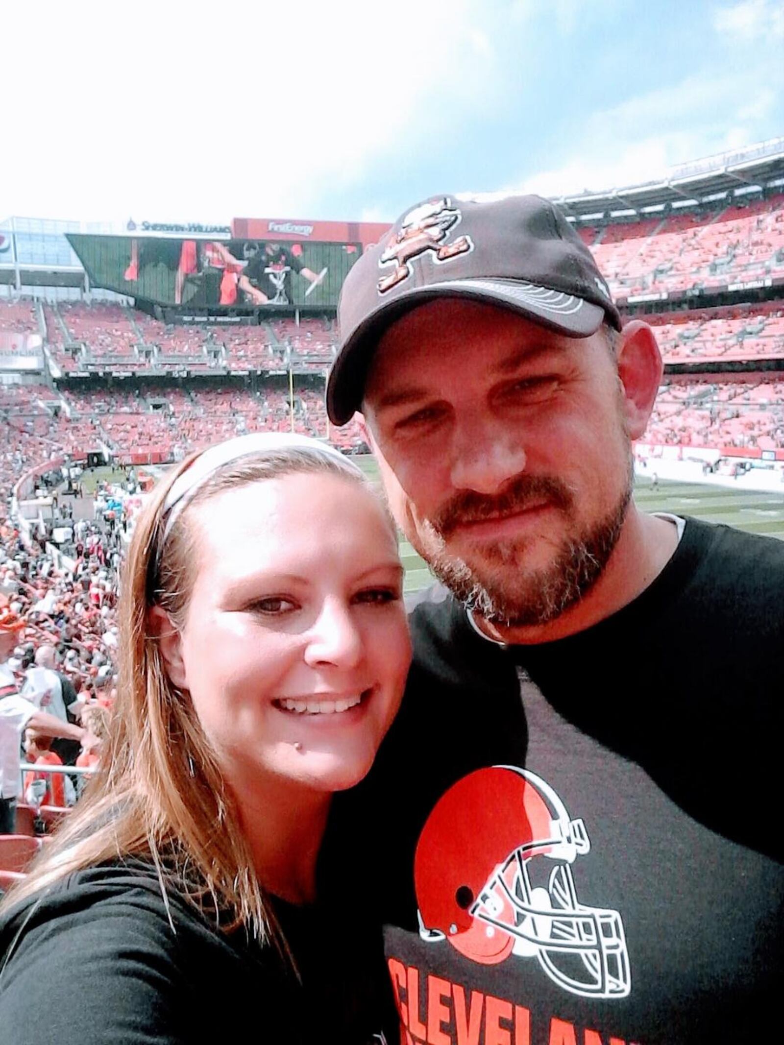 Zack Allen, former president of the Wright Patt Air Force Base Browns Backers, and his wife Shawna at a Browns’ game. CONTRIBUTED