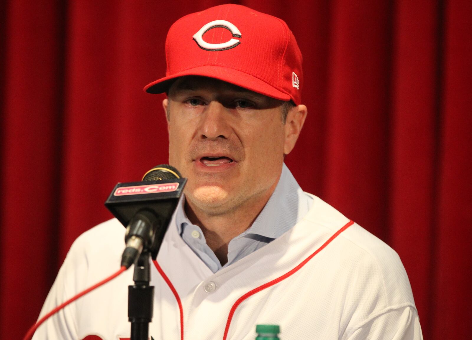 New Reds manager David Bell speaks in a press conference at Great American Ball Park on Monday, Oct. 22, 2018, in Cincinnati. David Jablonski/Staff