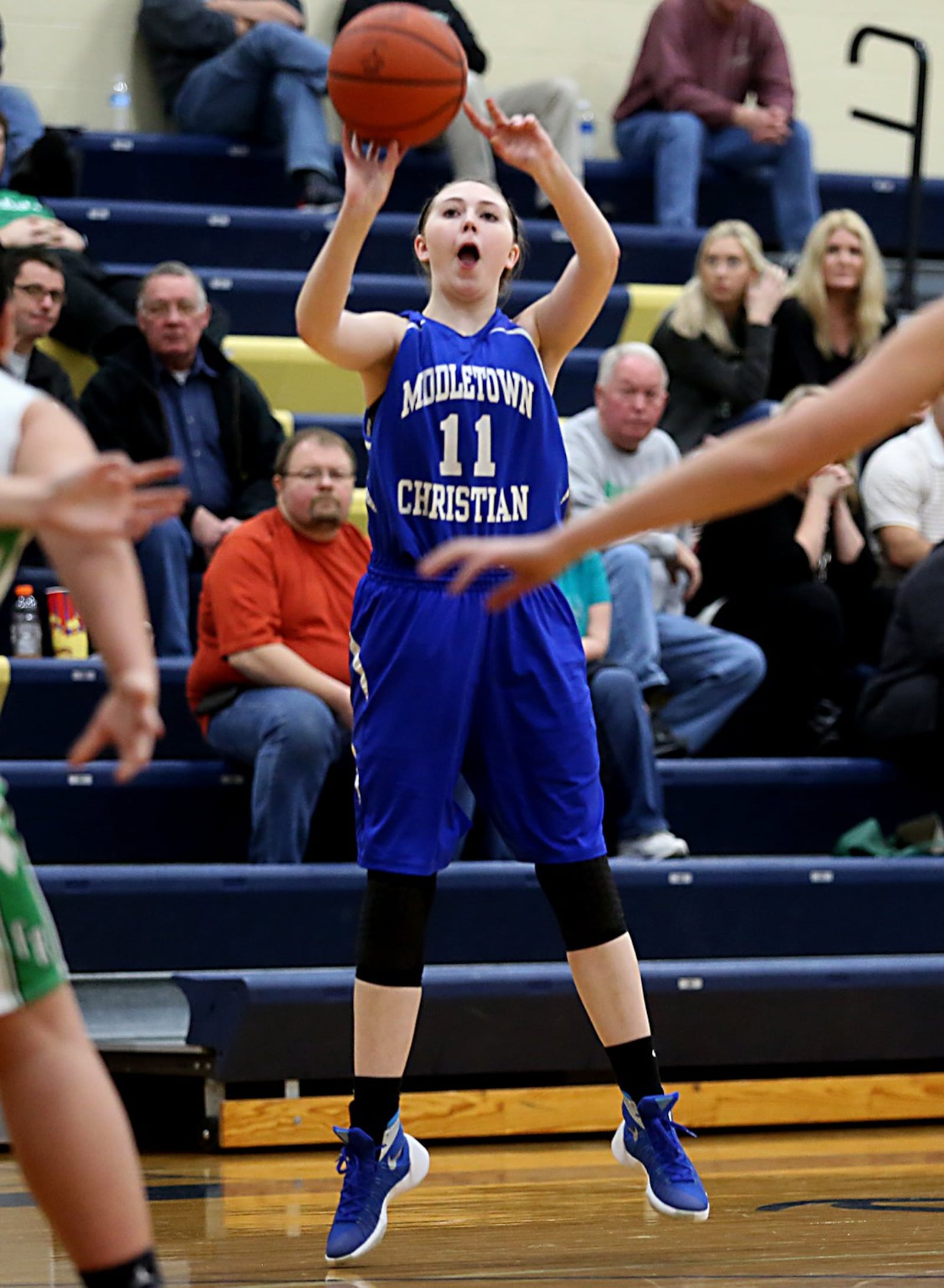 Middletown Christian’s Ellie Veal launches a shot against Fayetteville during their Division IV sectional game at Monroe on Tuesday night. CONTRIBUTED PHOTO BY E.L. HUBBARD