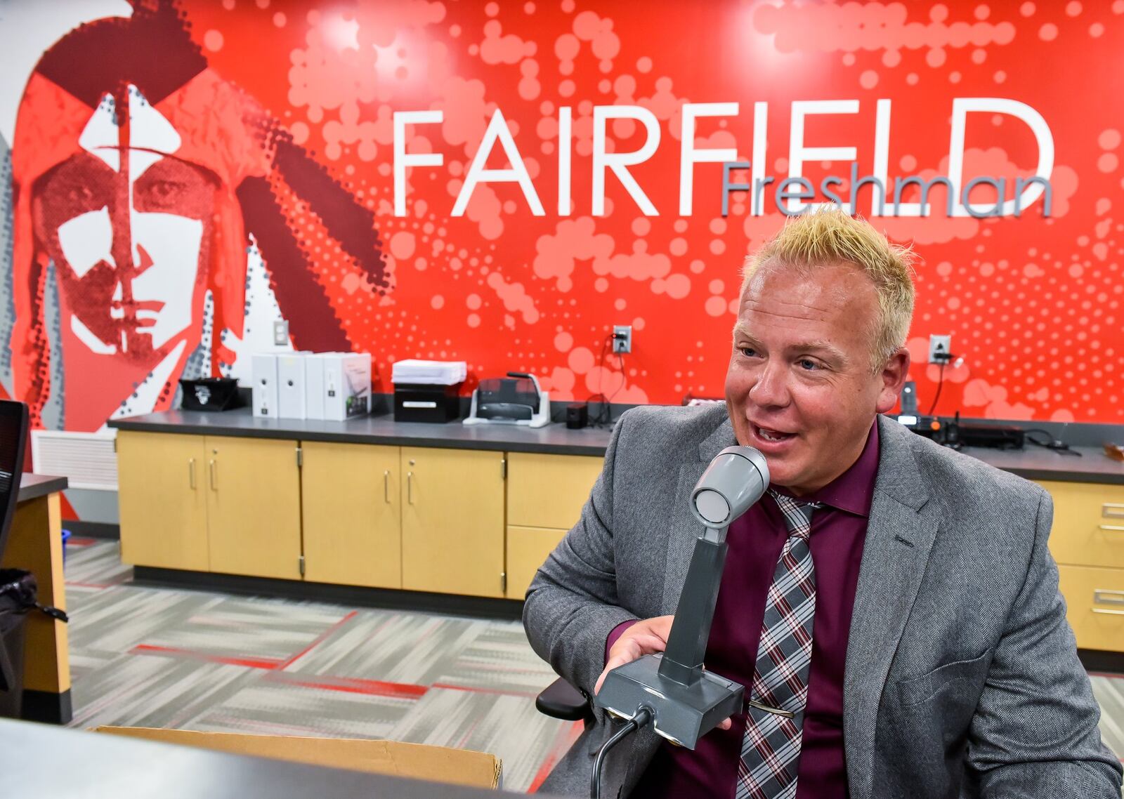 Principal Michael Berkemeier makes the first announcements at the new Fairfield Freshman School on Tuesday, Sept. 5, in Fairfield. 