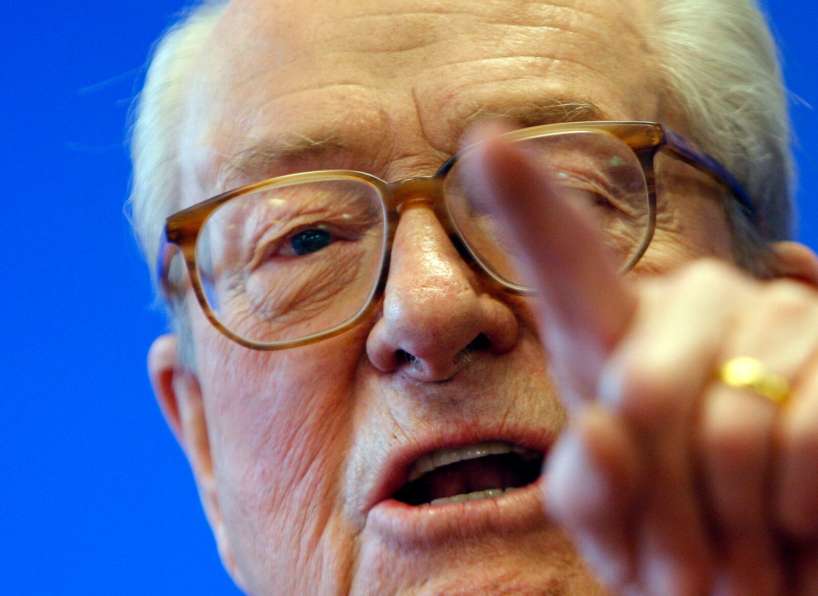 FILE - Far right National Front party leader Jean- Marie Le Pen gives a press conference in Nanterre, outside Paris, Monday, March 15, 2010. (AP Photo/Christophe Ena, File)