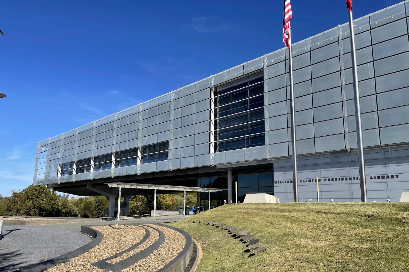 The exterior of the Clinton Presidential Library and Museum in Little Rock, Ark., is shown Tuesday, Nov. 12, 2024.(AP Photo/Andrew DeMillo)