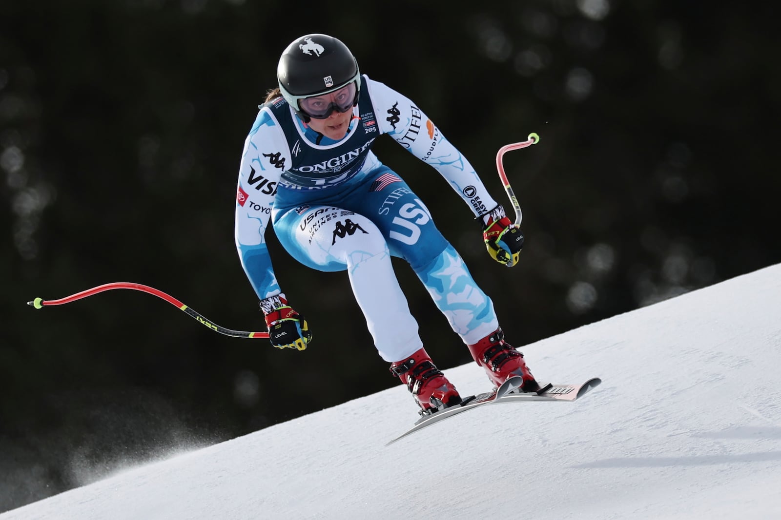 United States' Breezy Johnson competes in a downhill run of a women's team combined event, at the Alpine Ski World Championships, in Saalbach-Hinterglemm, Austria, Tuesday, Feb. 11, 2025. (AP Photo/Marco Trovati)