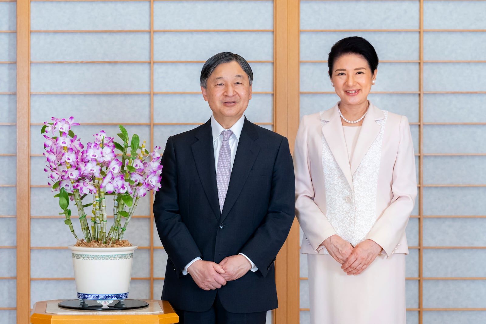 In this photo provided by the Imperial Household Agency of Japan, Emperor Naruhito and Empress Masako pose for a photo at the Imperial Palace in Tokyo, on Feb. 13, 2025, ahead of his 65th birthday on Sunday, Feb. 23. (Imperial Household Agency via AP)