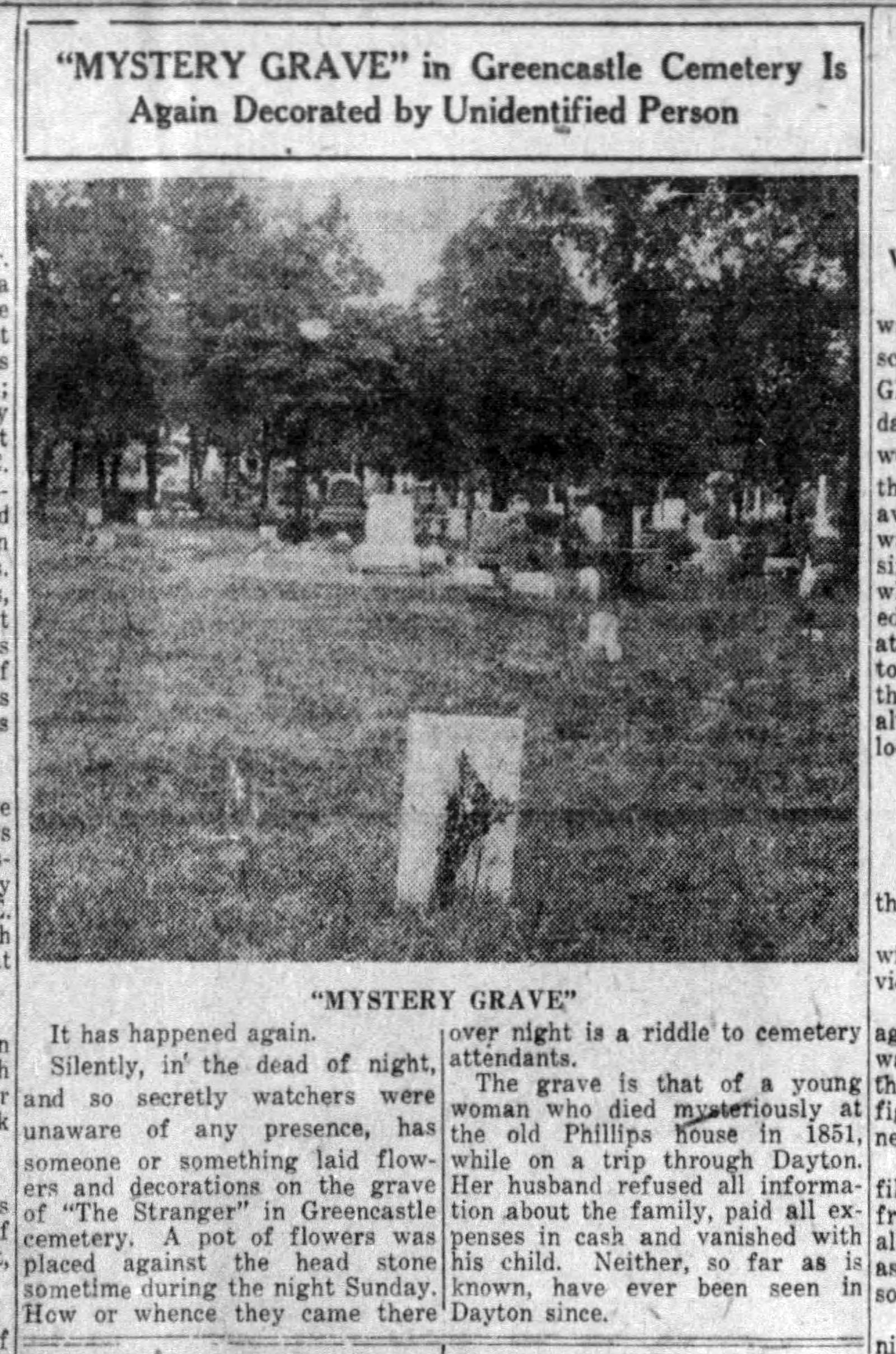 A story published May 3, 1926 in the Dayton Daily News about a tombstone labeled “THE STRANGER” that marks the grave of a young woman buried at Old Greencastle Cemetery. 