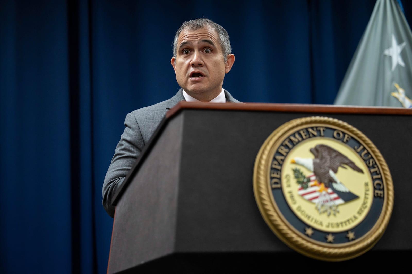 Commanding officer of the NYPD, Deputy Chief Carlos Ortiz speaks during a press conference in regards to the arrests of former Abercrombie & Fitch CEO Mike Jeffries and his partners as part of sex trafficking investigation at the U.S. Attorney's Office, Tuesday, Oct. 22, 2024, in New York. (AP Photo/Yuki Iwamura)