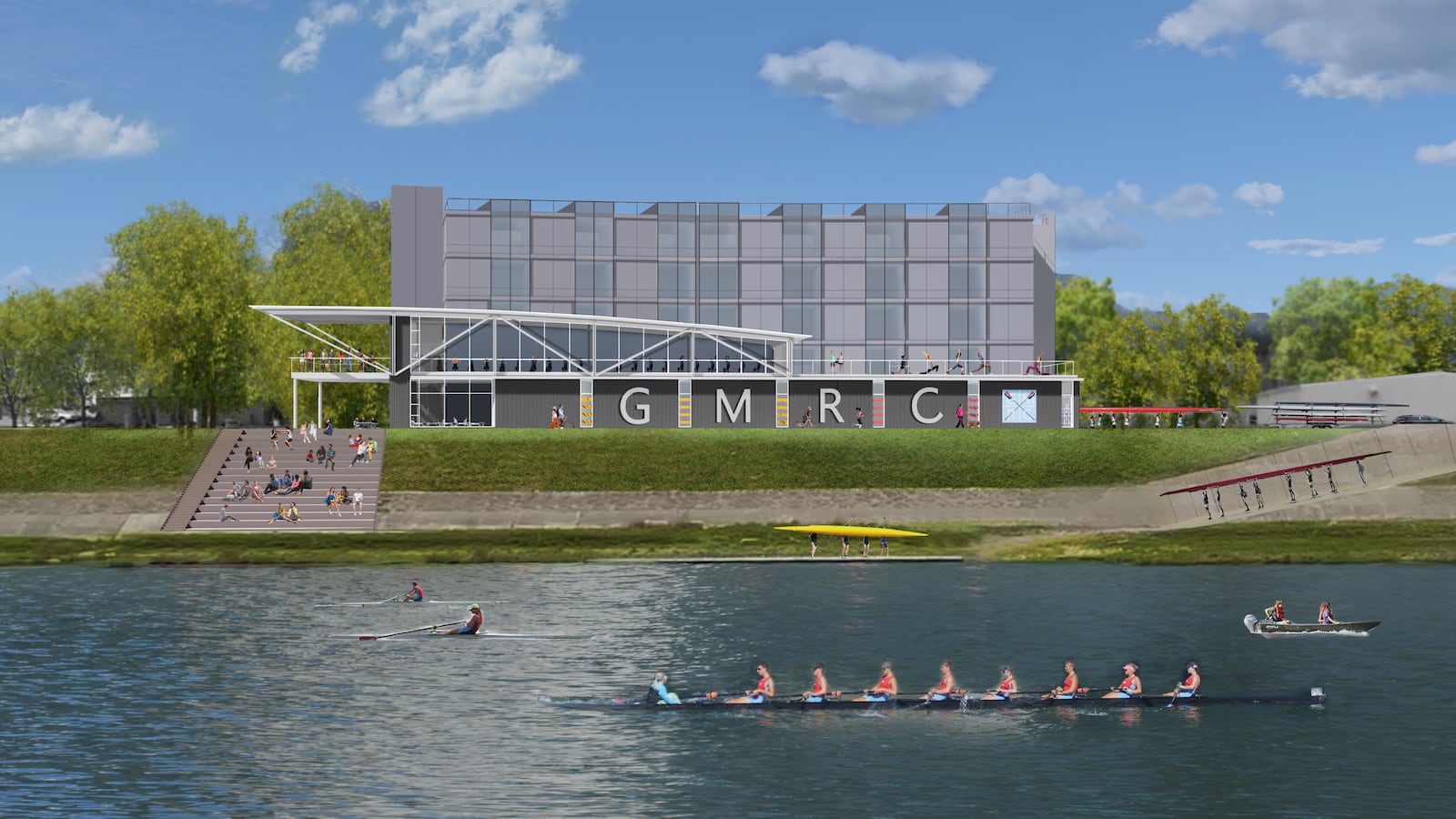 Pictured are artist renderings of the planned $6.5 million mixed-use project to provide the Great Miami Rowing Center with a new training center and boathouse. It will also feature a community recreation center. PROVIDED