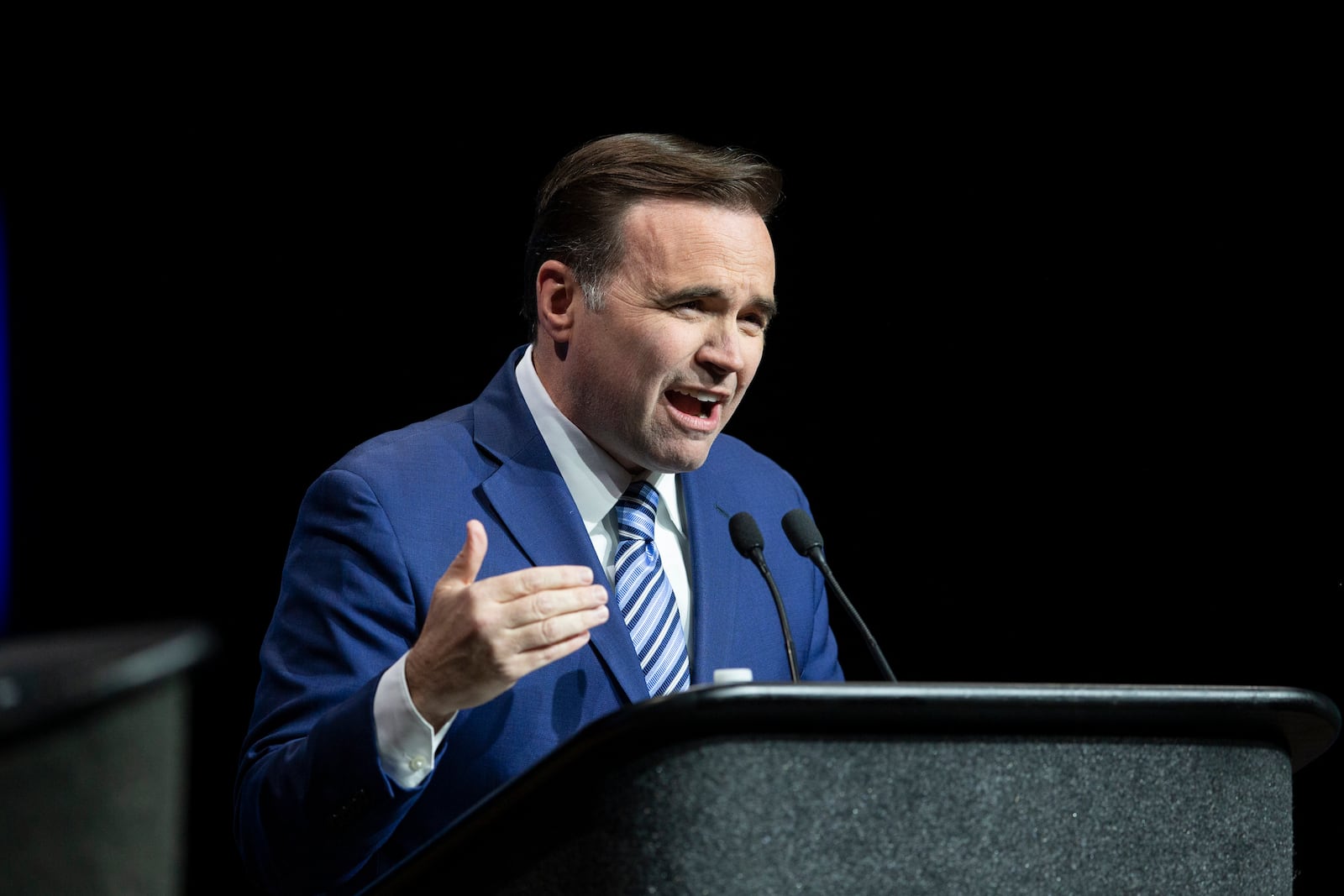 John Cranley, former mayor of Cincinnati, delivers his opening statement in the Ohio Gubernatorial Democratic Primary Debate with Nan Whaley, former mayor of Dayton, at the Paul Robeson Cultural & Performing Arts Center at Central State University in Wilberforce, Ohio on Tuesday, March 29, 2022. Meg Vogel/Ohio Debate Commission