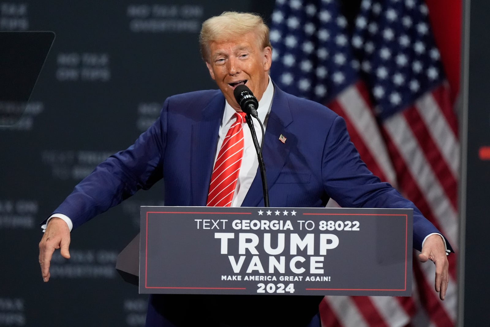 Republican presidential nominee former President Donald Trump speaks at a campaign event at the Cobb Energy Performing Arts Centre, Tuesday, Oct. 15, 2024, in Atlanta. (AP Photo/John Bazemore)