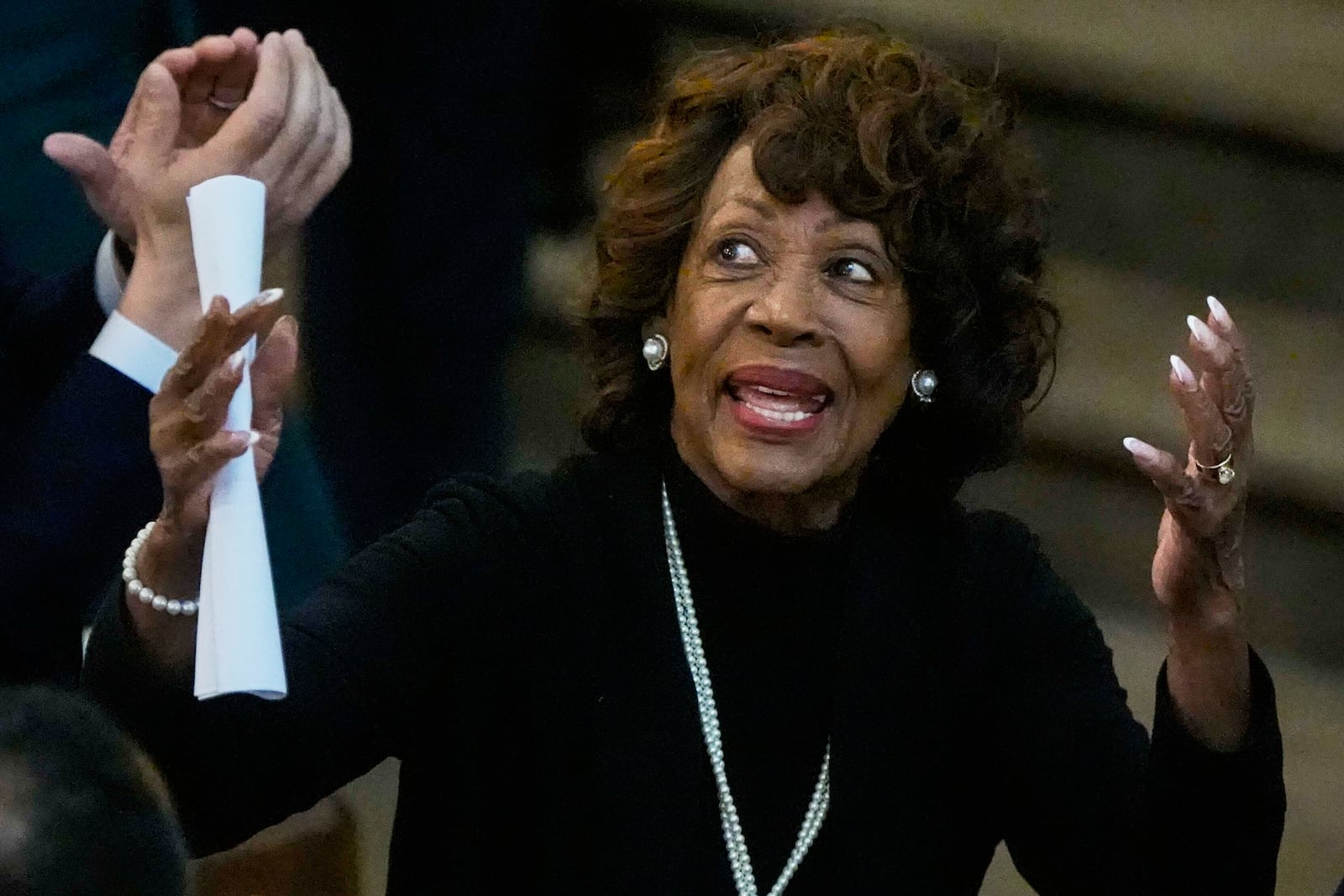 U.S. Rep. Maxine Waters, D-Calif., speaks at the Tabernacle Baptist Church during the 60th anniversary of the march to ensure that African Americans could exercise their constitutional right to vote, Sunday, March 9, 2025, in Selma, Ala. (AP Photo/Mike Stewart)