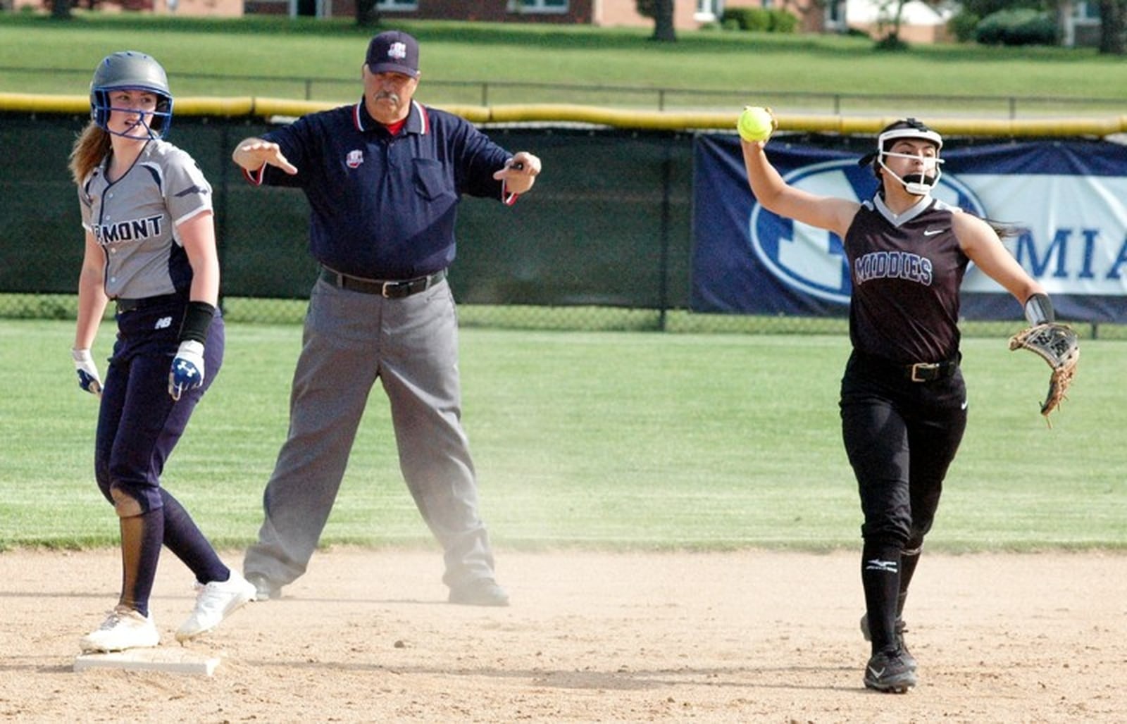 Fairmont’s Julia White steals second base ahead of the throw to Middletown shortstop Arianna Layne on May 14 during a Division I district softball semifinal at Miamisburg. Fairmont won 7-2. RICK CASSANO/STAFF