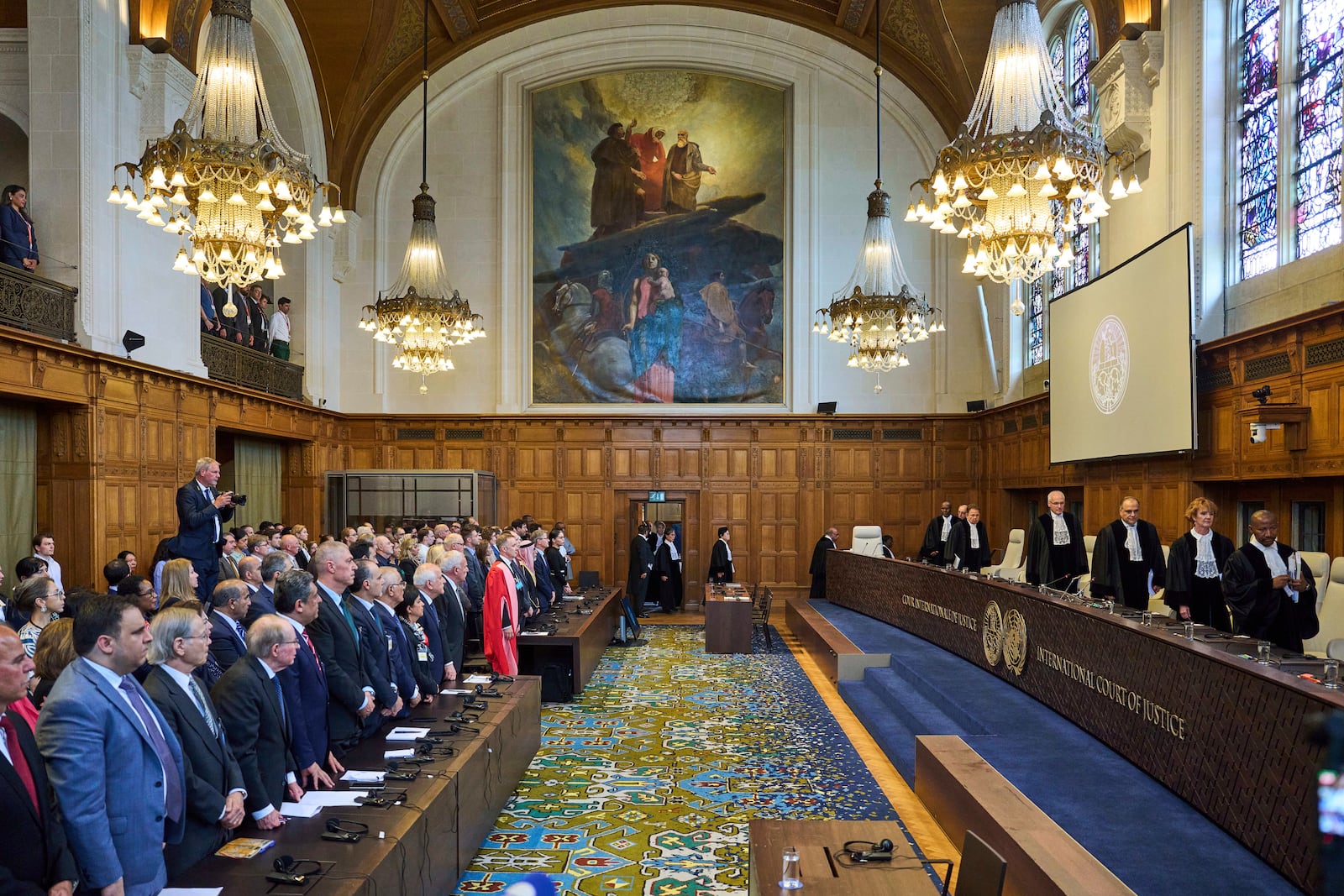 FILE -The Judges enter the International Court of Justice, or World Court, in The Hague, Netherlands, July 19, 2024. (AP Photo/Phil Nijhuis, File)