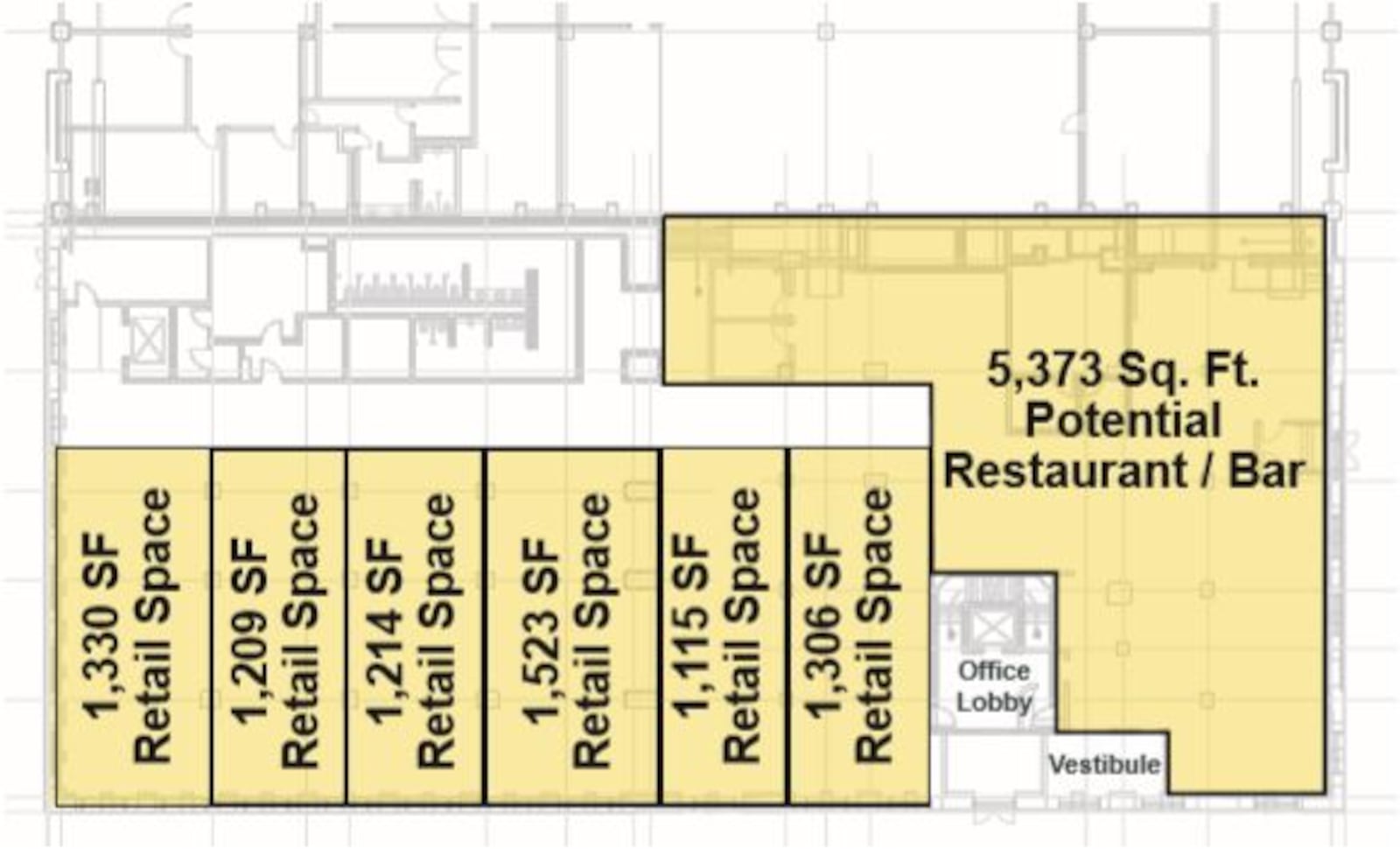 Here's a potential layout for retail spaces at the Third + Dayton building, which the owner notes is subject to change depending on tenant needs.  The spaces face North Third Street. PROVIDED