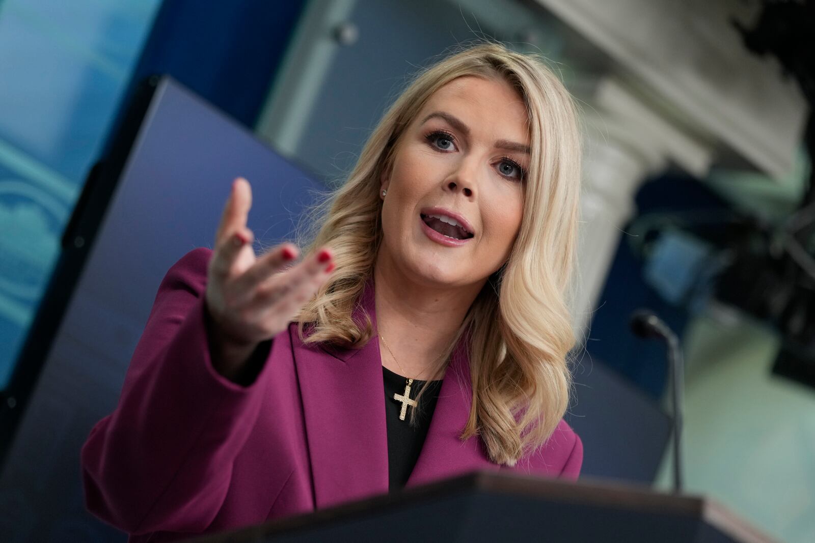 White House press secretary Karoline Leavitt speaks at the daily briefing at the White House in Washington, Tuesday, Jan. 28, 2025. (AP Photo/Ben Curtis)