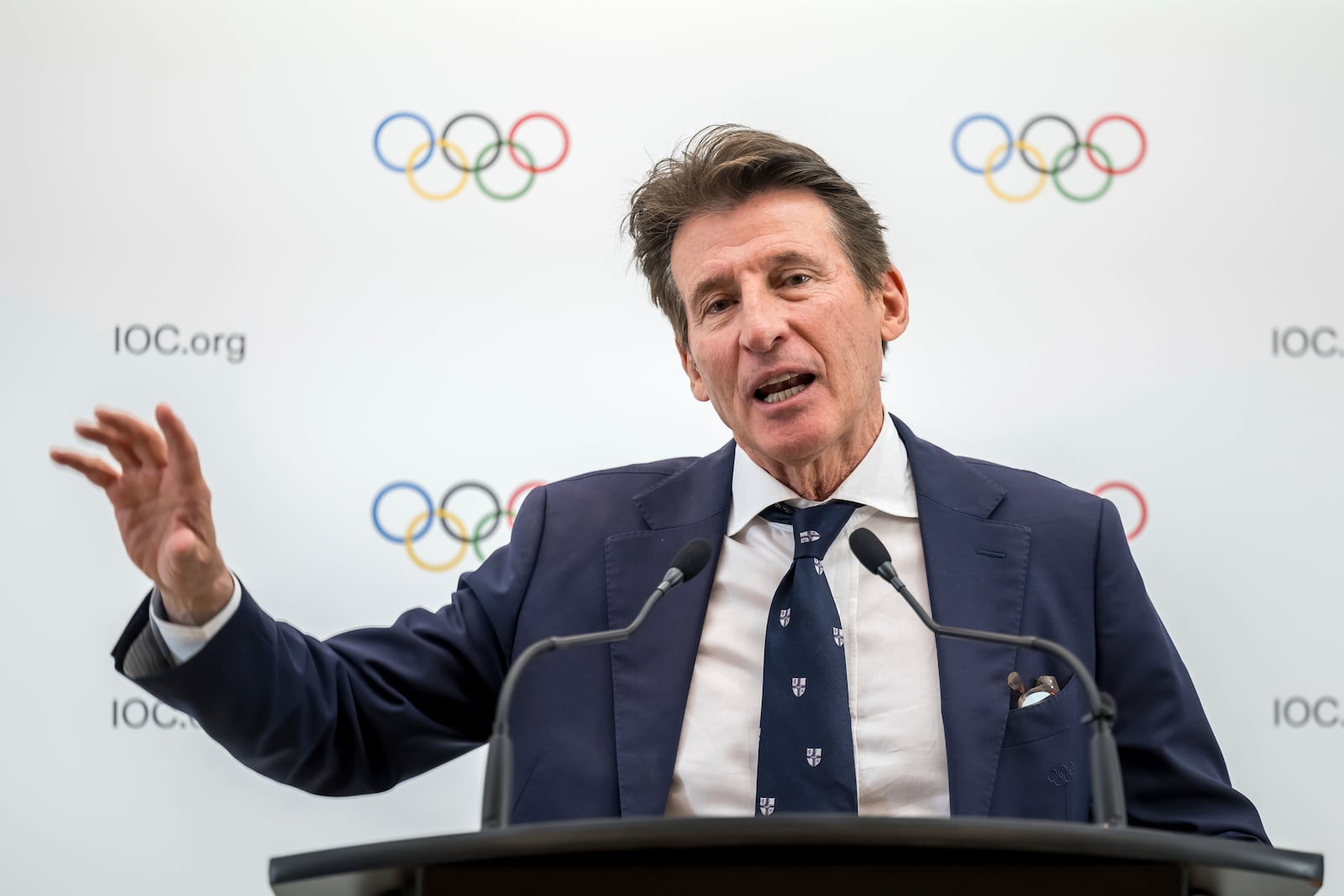 FILE - Candidate to the presidency of the International Olympic Committee (IOC) Sebastian Coe speaks during a press conference following a presentation before their fellow IOC members in Lausanne, Switzerland, on Jan 30, 2025 (Fabrice Coffrini/Pool Photo via AP)