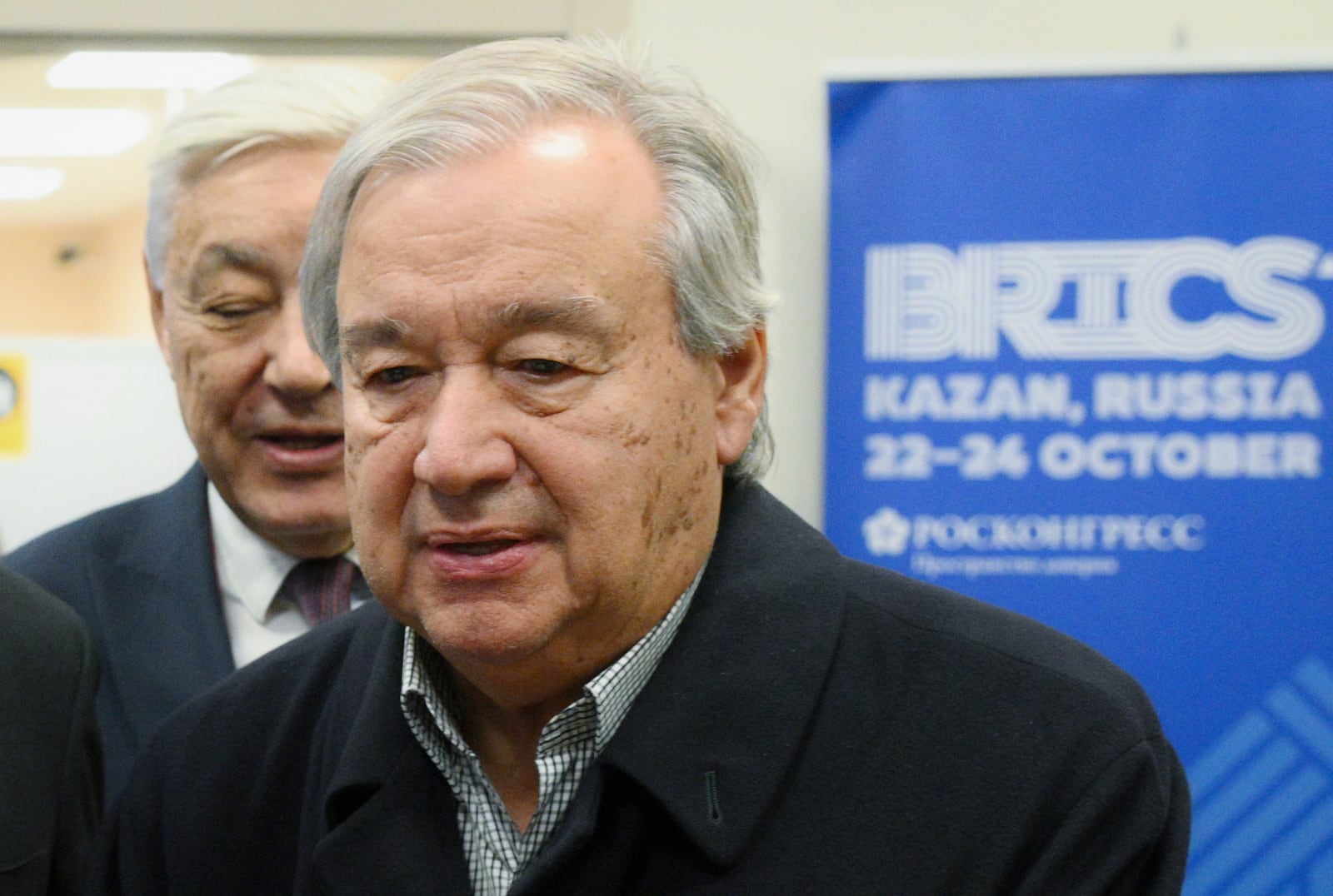 United Nations Secretary-General Antonio Guterres arrives at Kazan Airport for the BRICS summit in Kazan, Russia, Wednesday, Oct. 23, 2024. (Alexey Filippov/Photo host brics-russia2024.ru via AP)