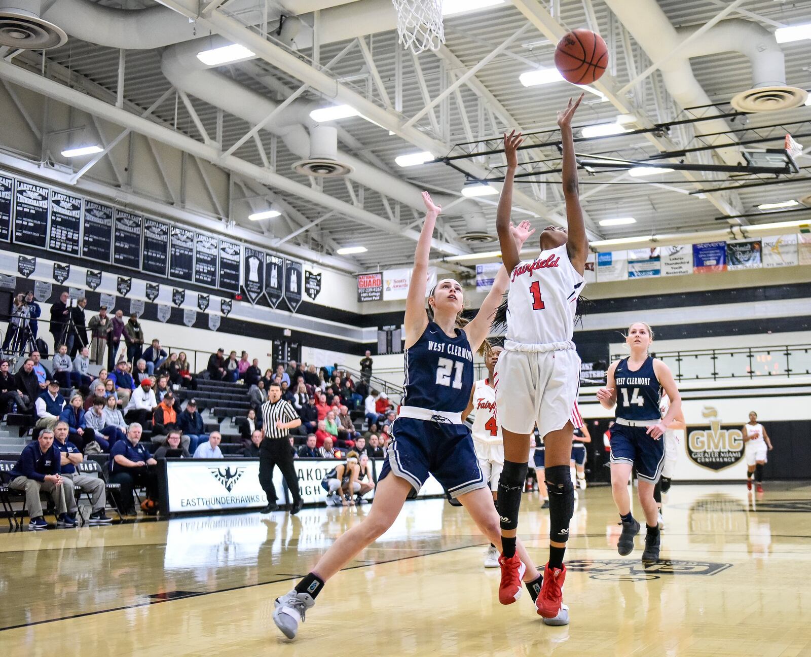 Fairfield’s Shaniyah Reese drives to the basket against West Clermont’s Marissa Jenike during Wednesday night’s Division I sectional game at Lakota East. West Clermont won 61-56 in overtime. NICK GRAHAM/STAFF