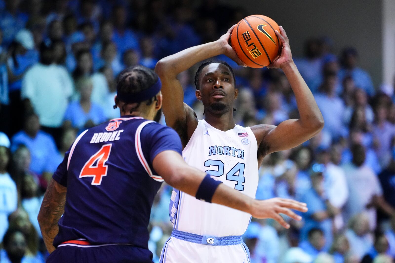 North Carolina forward Jae'Lyn Withers (24) looks around Auburn forward Johni Broome (4) during the first half of an NCAA college basketball game at the Maui Invitational Tuesday, Nov. 26, 2024, in Lahaina, Hawaii. (AP Photo/Lindsey Wasson)