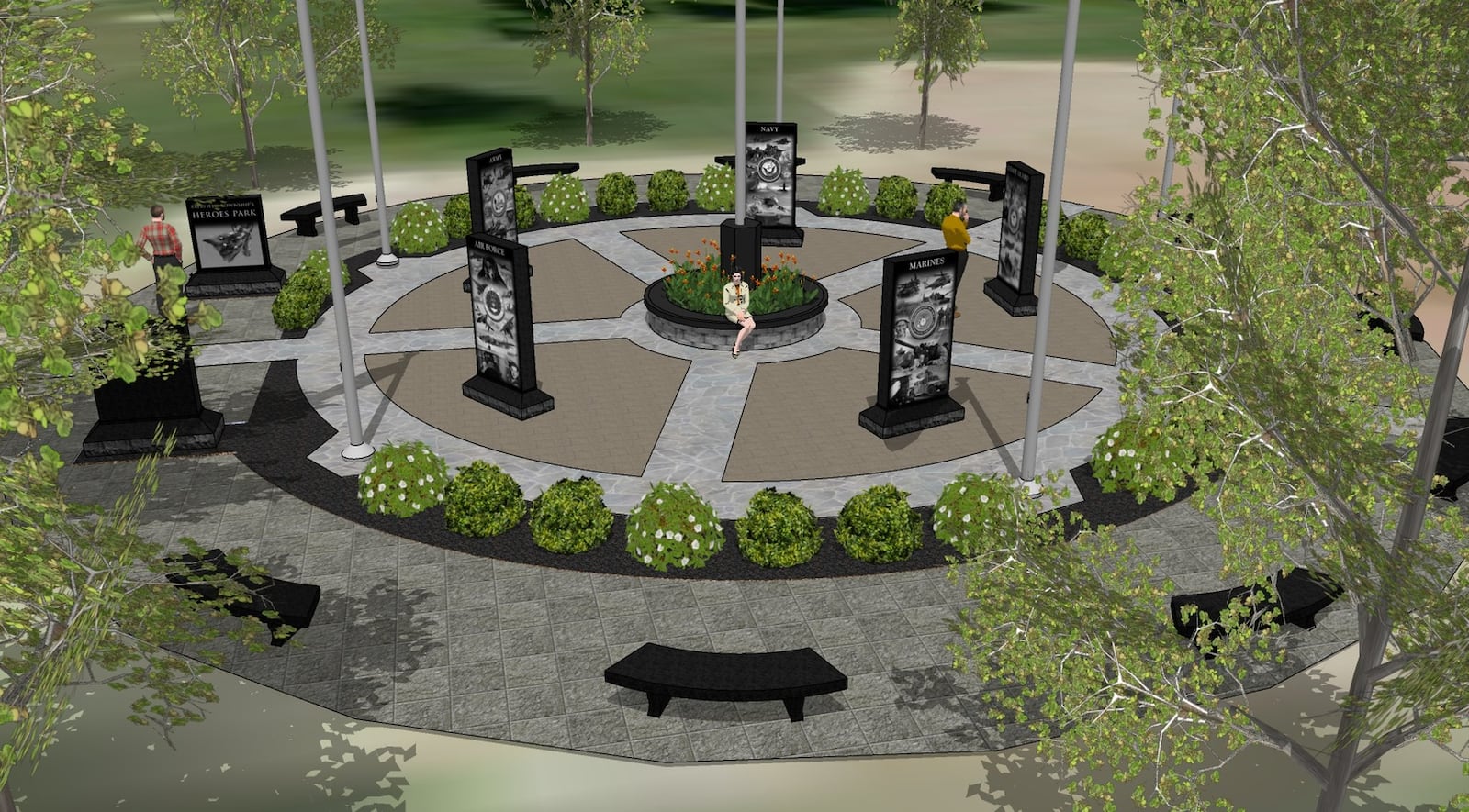 Pictured is an artist’s rendering of the planned veterans’ memorial at Heroes Park in Fairfield Twp. Township officials hope to receive funding from the 2020 state capital budget. PROVIDED