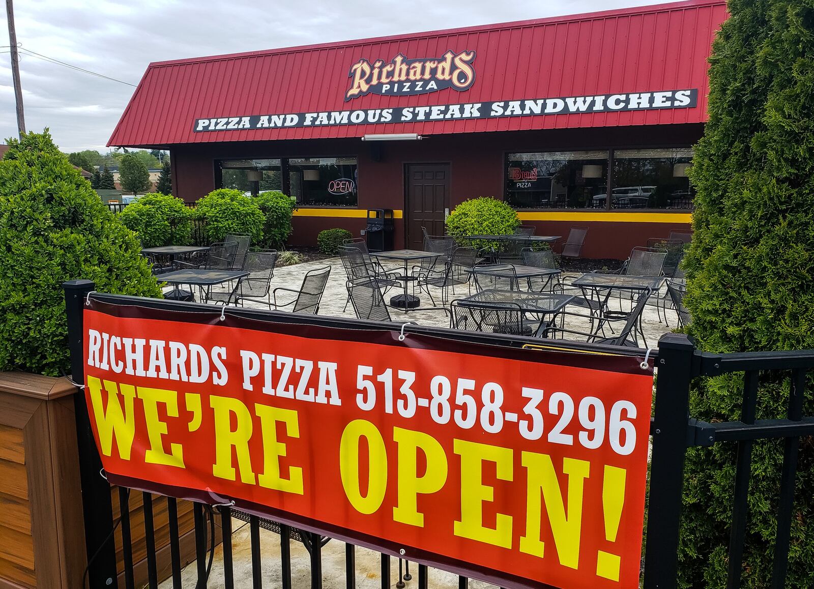 Richard’s Pizza in Fairfield has tables placed outside ready for customers to eat at a safe distance when they are allowed on Friday. Several Richard’s locations have patio seating. NICK GRAHAM / STAFF