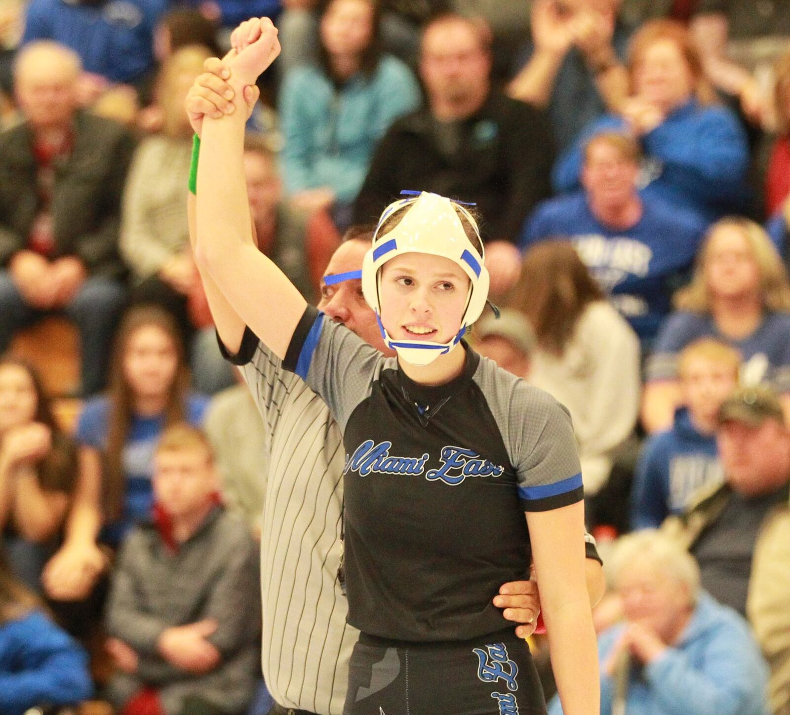 Natalie Bair of Miami East won by pin. Olentangy Orange defeated host Miami East 48-36 in the Ohio’s first girls high school dual wrestling match on Wednesday, Dec. 18, 2019. MARC PENDLETON / STAFF