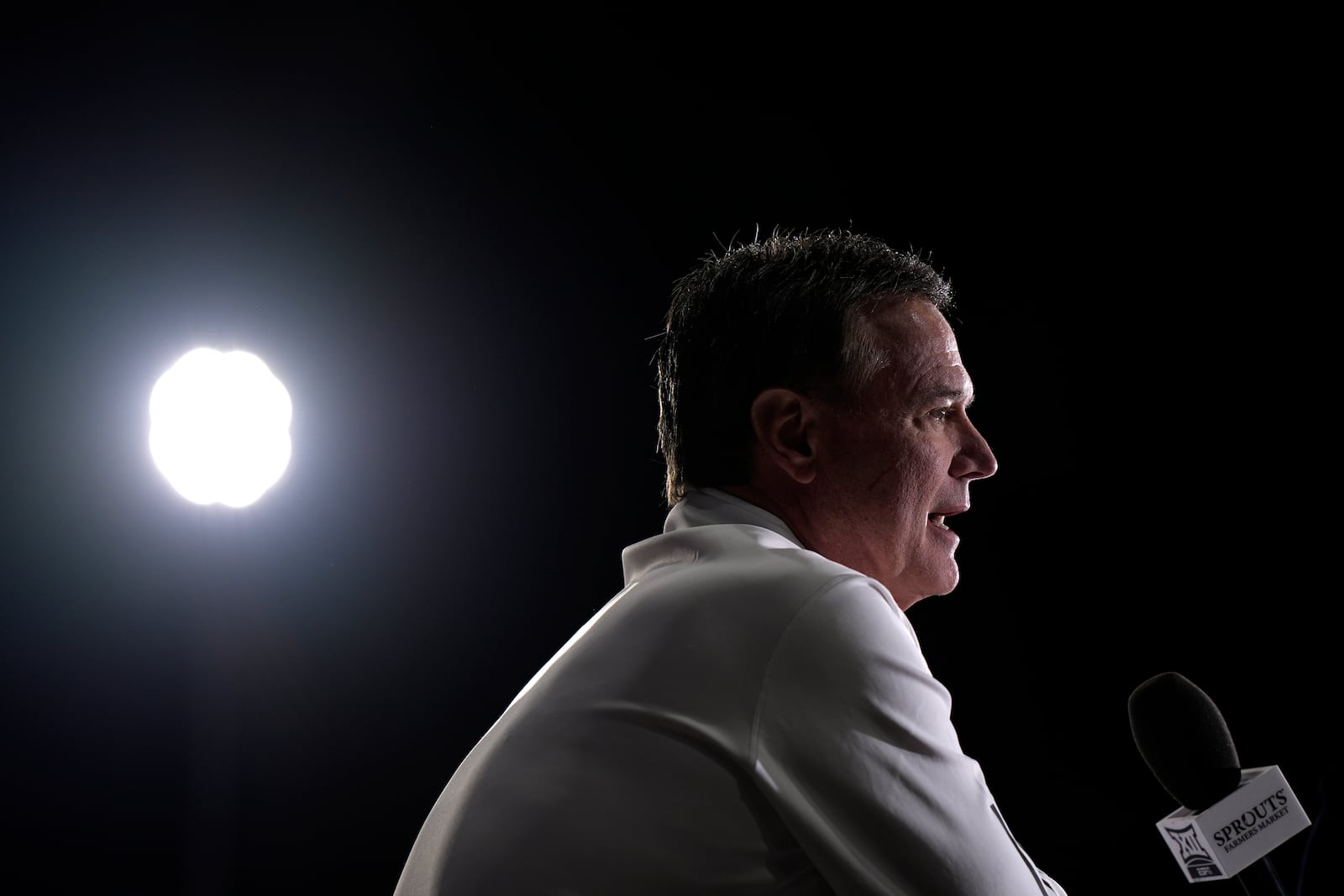 Kansas head coach Bill Self is interviewed during the NCAA college Big 12 men's basketball media day, Wednesday, Oct. 23, 2024, in Kansas City, Mo. (AP Photo/Charlie Riedel)