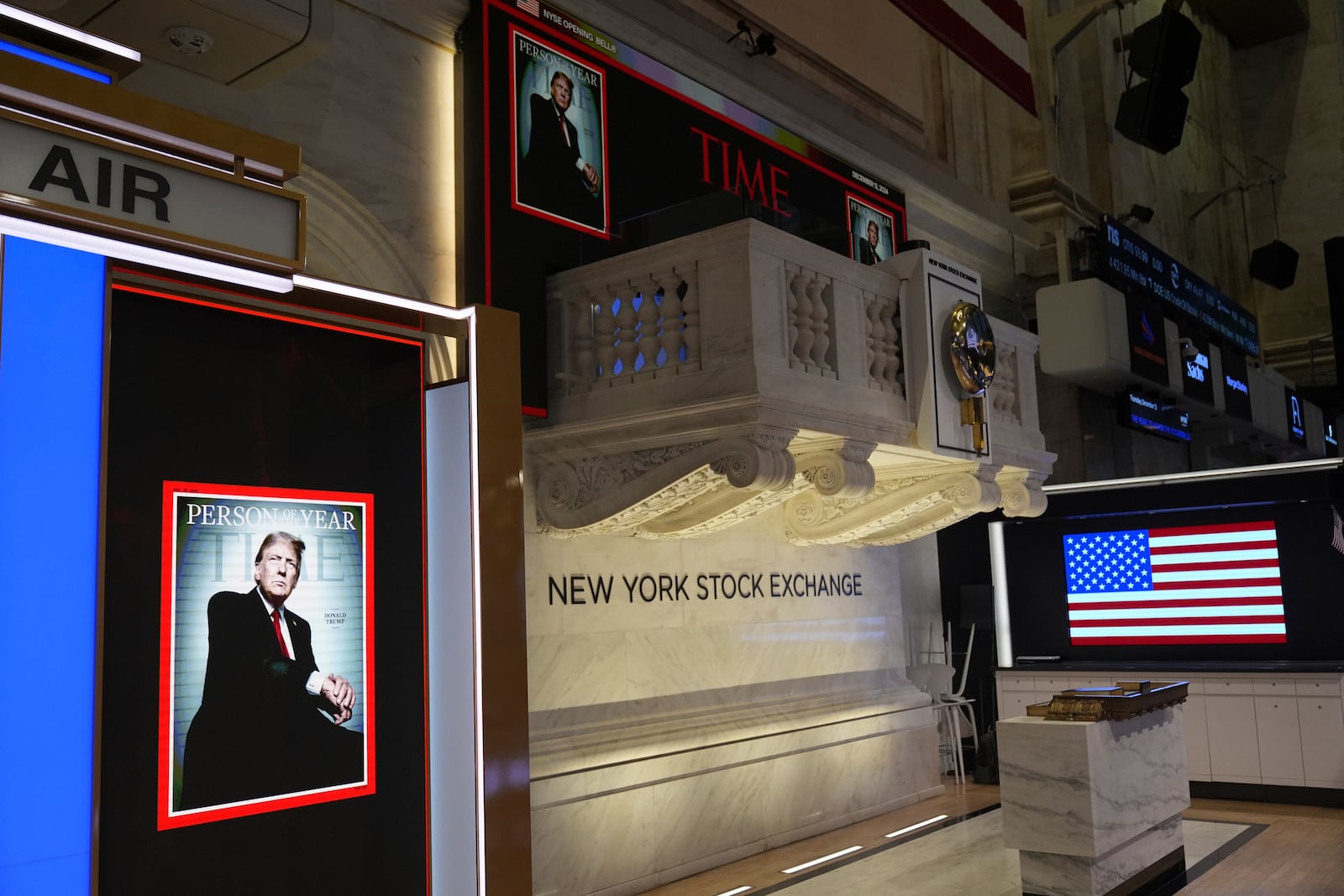 A cover of Time magazine's person of the year, shows President-elect Donald Trump, before a ceremony at the New York Stock Exchange, Thursday, Dec. 12, 2024, in New York. (AP Photo/Alex Brandon)