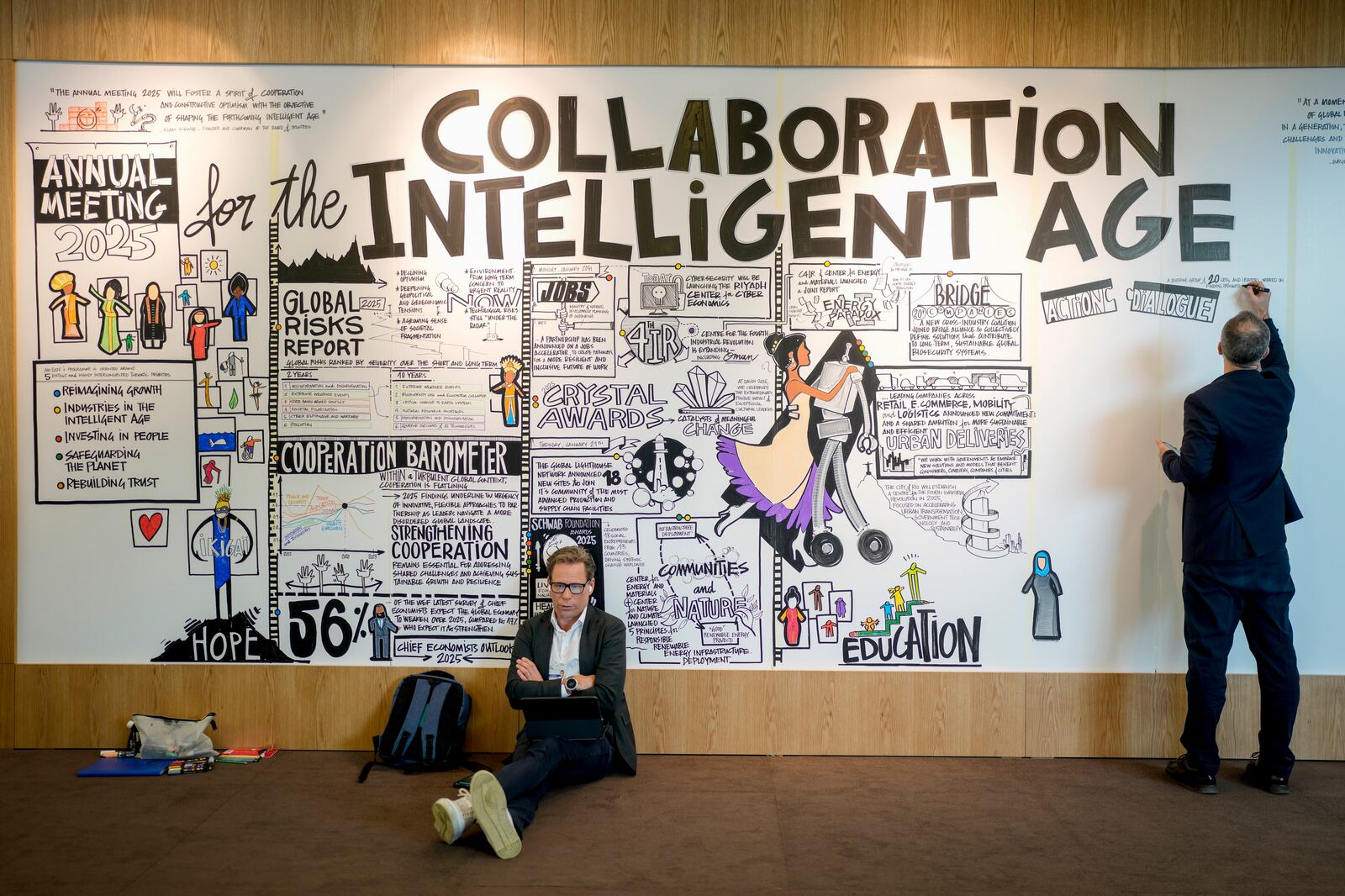 A man paints on a large poster at the Annual Meeting of World Economic Forum in Davos, Switzerland, Wednesday, Jan. 22, 2025. (AP Photo/Markus Schreiber)