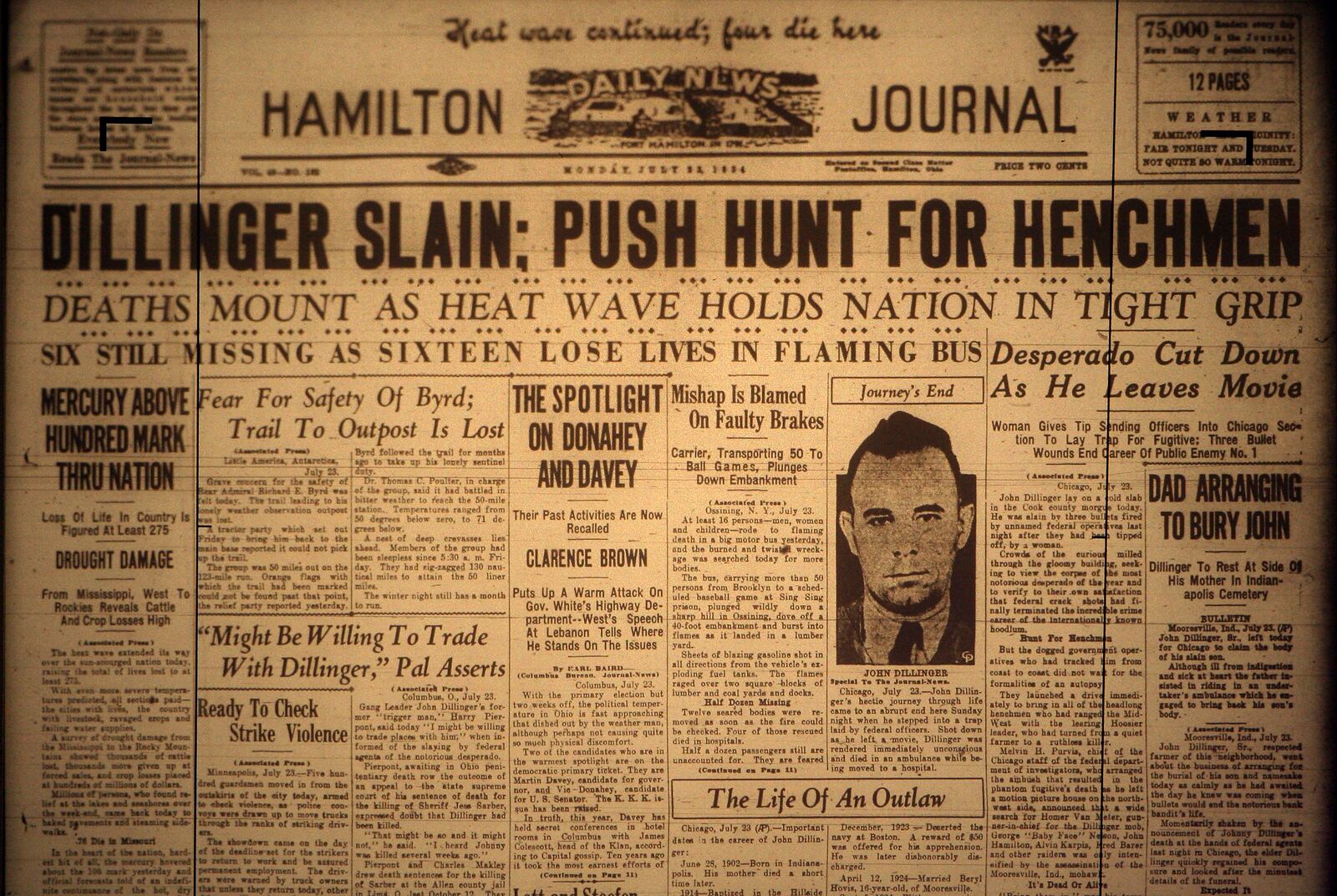 The front page of the Hamilton Journal newspaper Monday, July 23, 1934, shows news of John Dillinger's death.