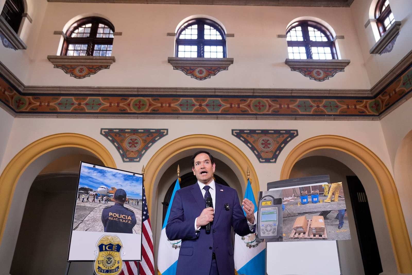 U.S. Secretary of State Marco Rubio speaks after a tour of a migrant return center and a demonstration of a dog trained to sniff out narcotics, at La Aurora International Airport in Guatemala City, Wednesday, Feb. 5, 2025. (AP Photo/Mark Schiefelbein, Pool)